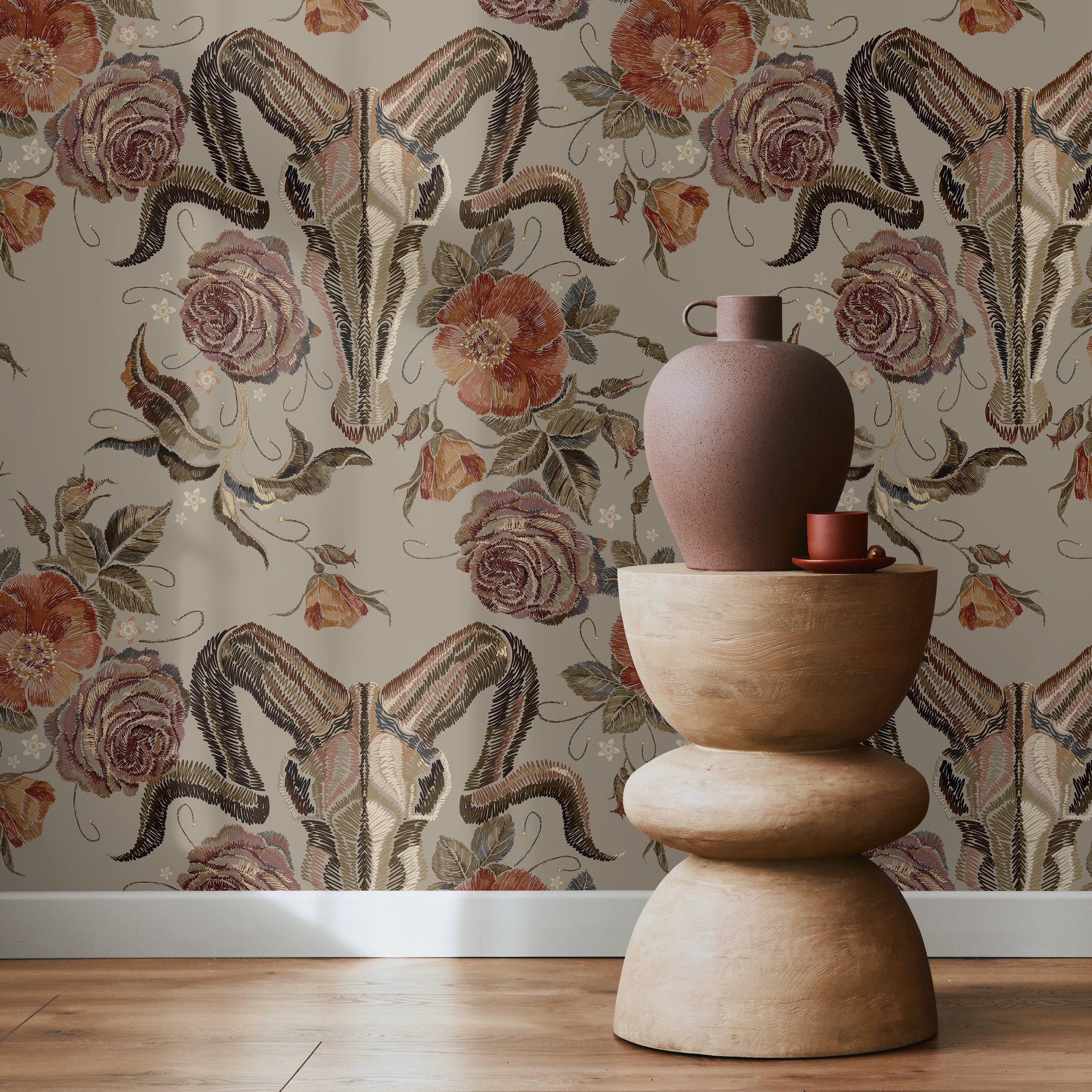 Gothic Wallpaper With An Embroidered Goat Skull In Rust And Brown - D887