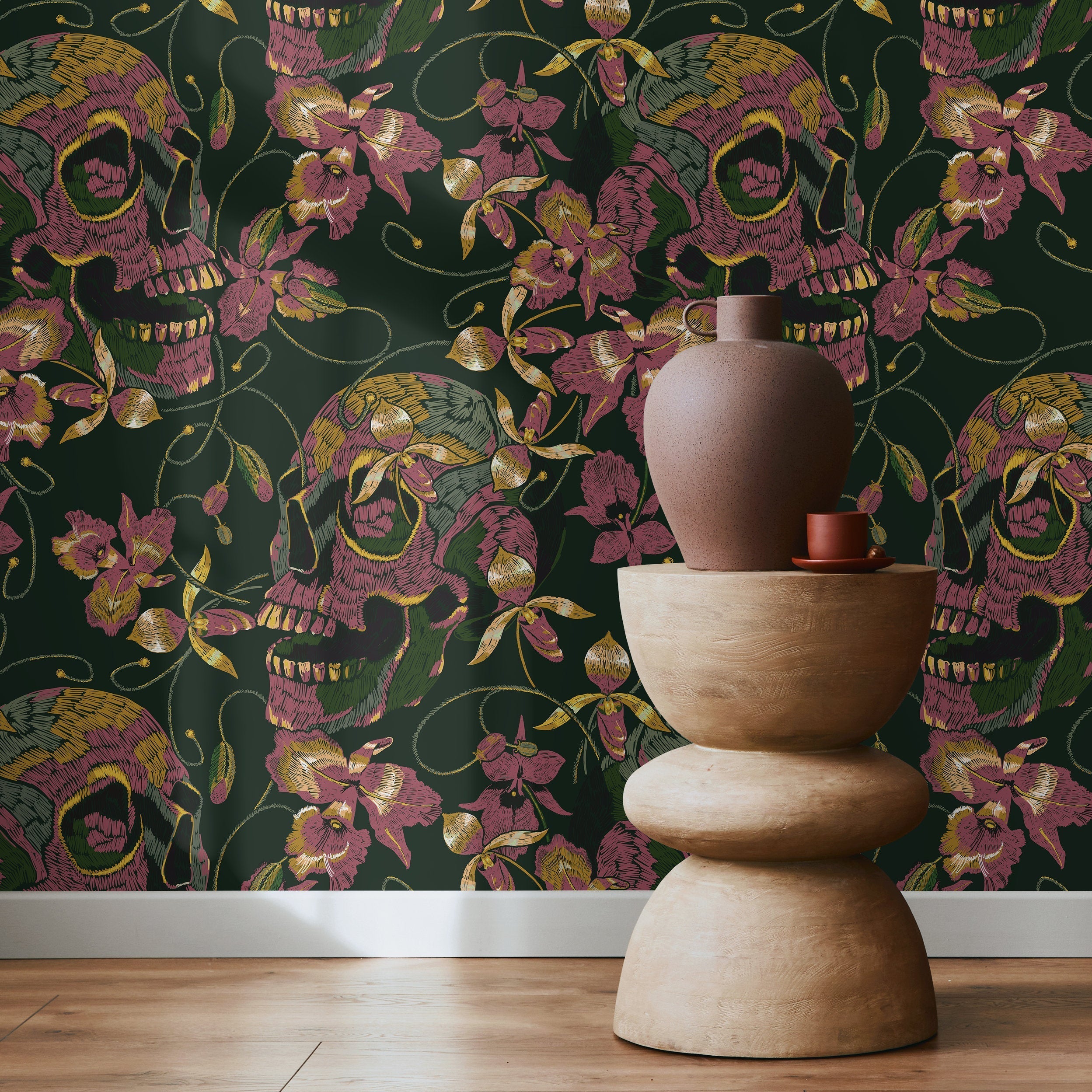 Gothic Wallpaper With An Embroidered Skull And Orchid Motif In Green, Pink, And Gold - D894