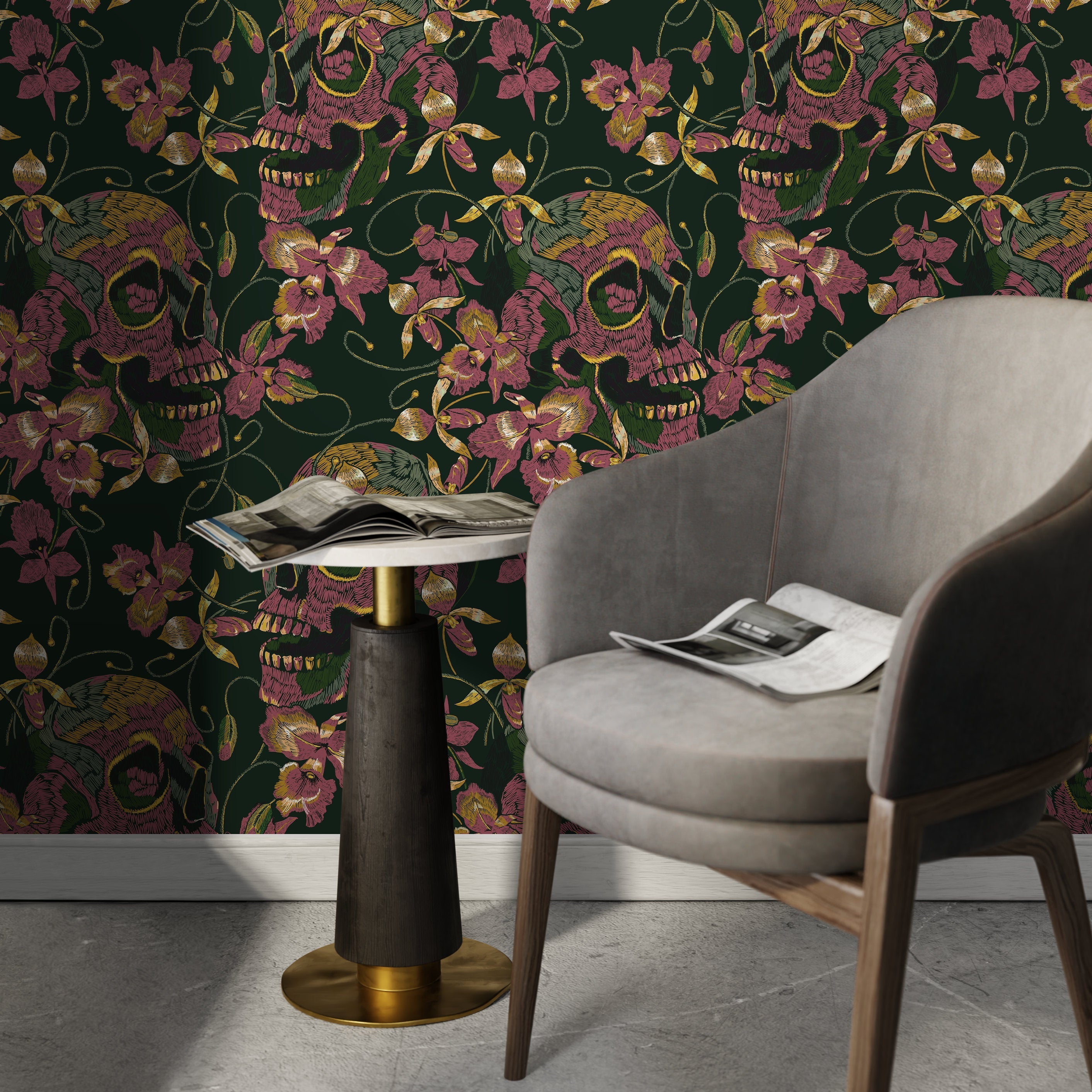 Gothic Wallpaper With An Embroidered Skull And Orchid Motif In Green, Pink, And Gold - D894