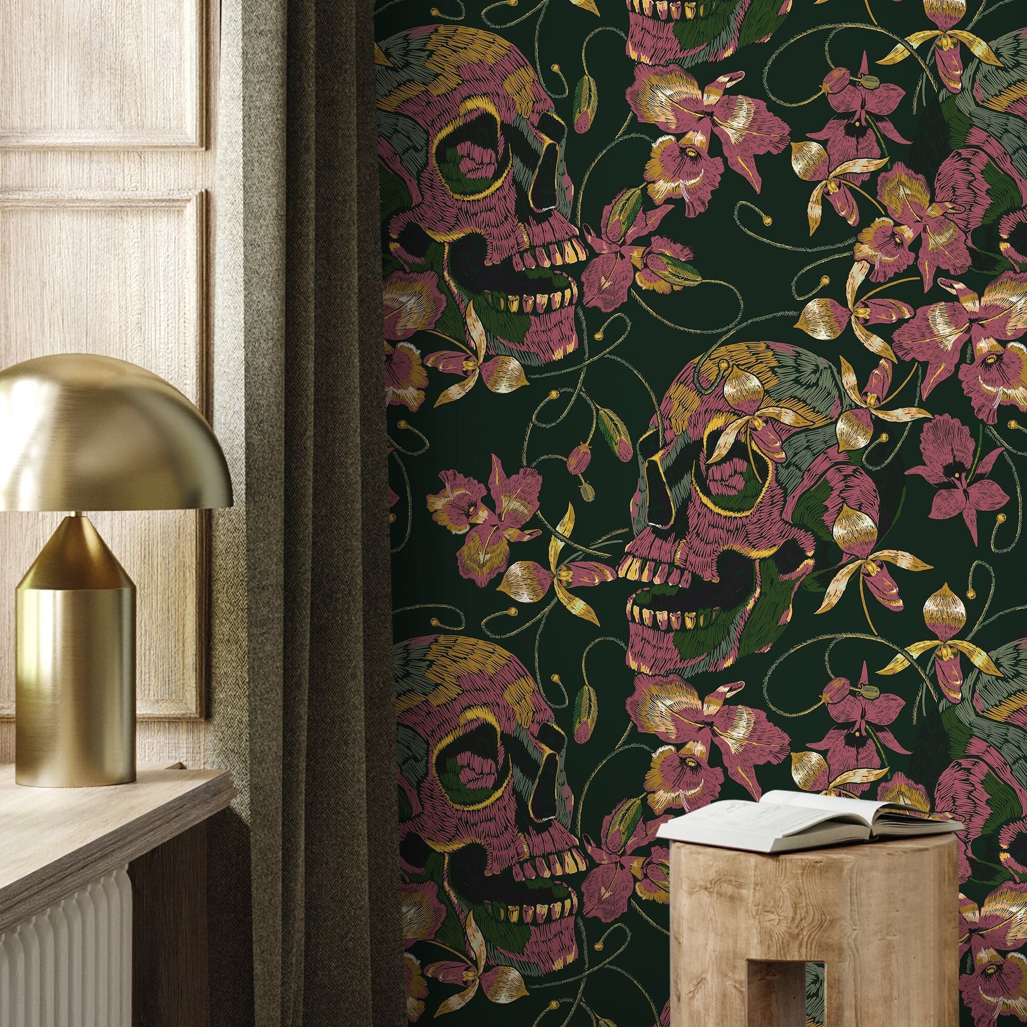 Gothic Wallpaper With An Embroidered Skull And Orchid Motif In Green, Pink, And Gold - D894