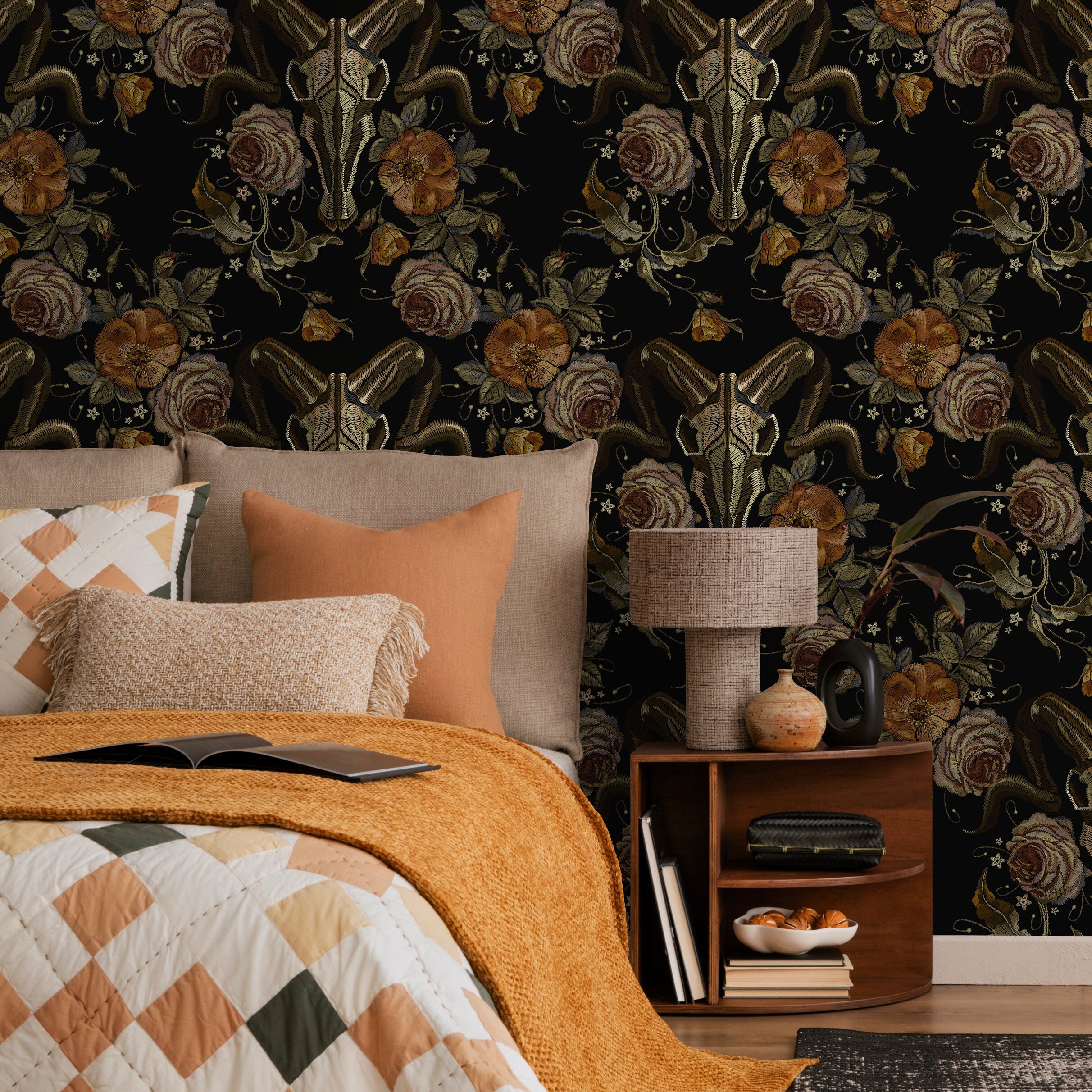 Gothic Wallpaper With Goat Skulls And Roses In Black And Brown - D888