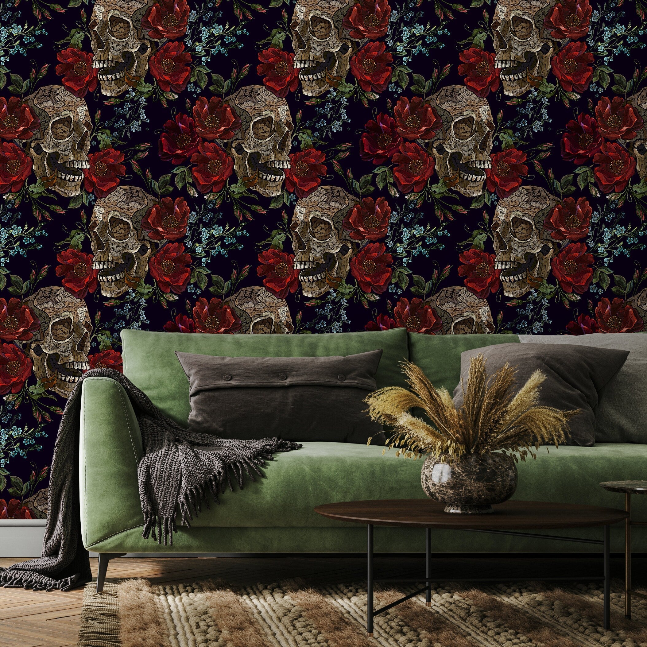 Gothic Wallpaper With An Embroidered Skull And Rose Motif In Red, Brown, And Black - D893