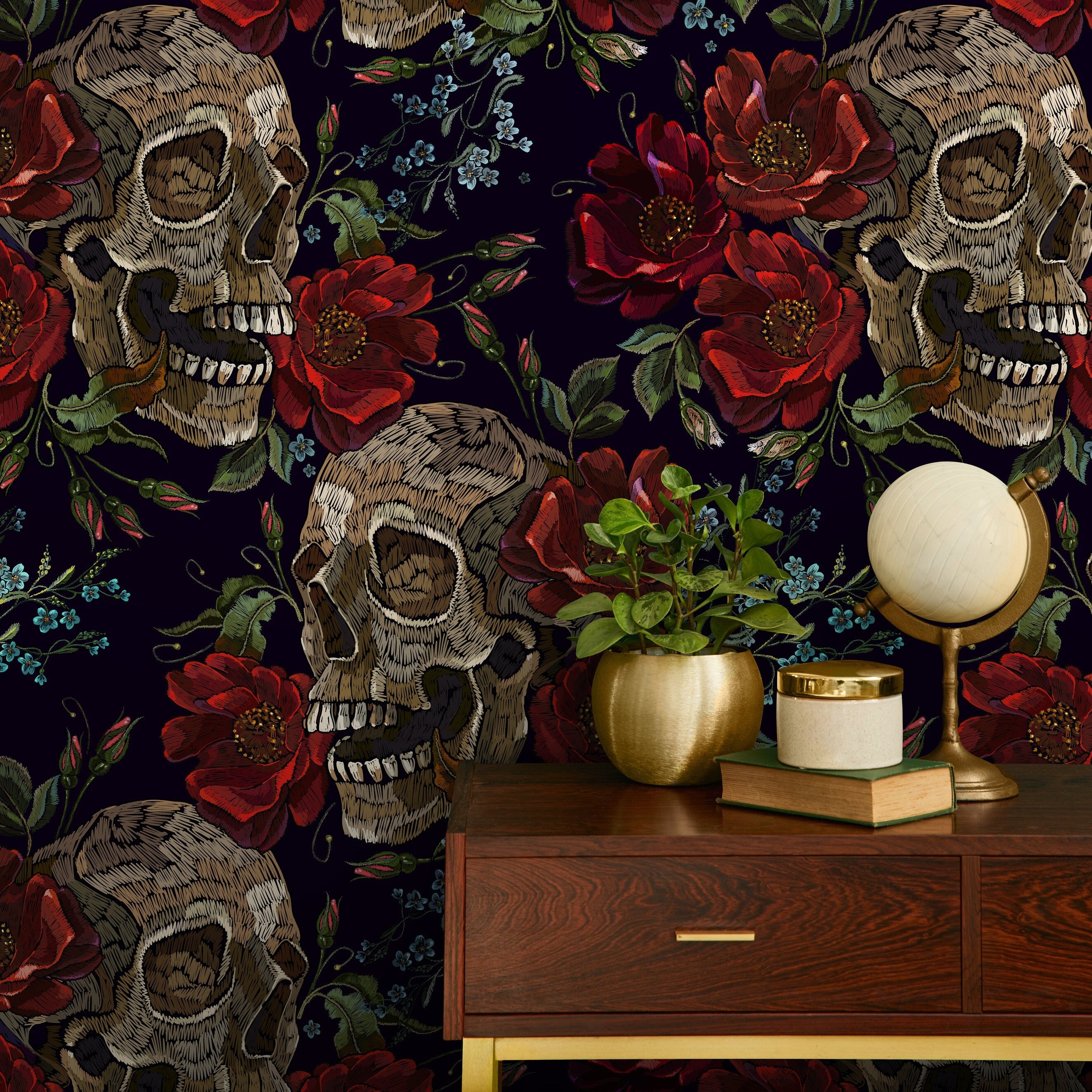 Gothic Wallpaper With An Embroidered Skull And Rose Motif In Red, Brown, And Black - D893