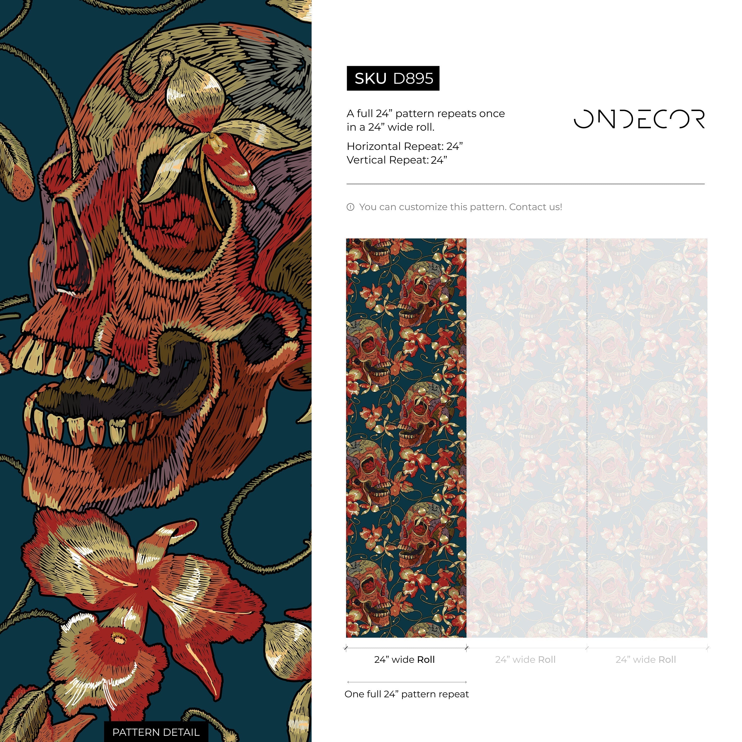Gothic Wallpaper With Embroidered Skulls And Florals In Teal, Red, And Gold - D895