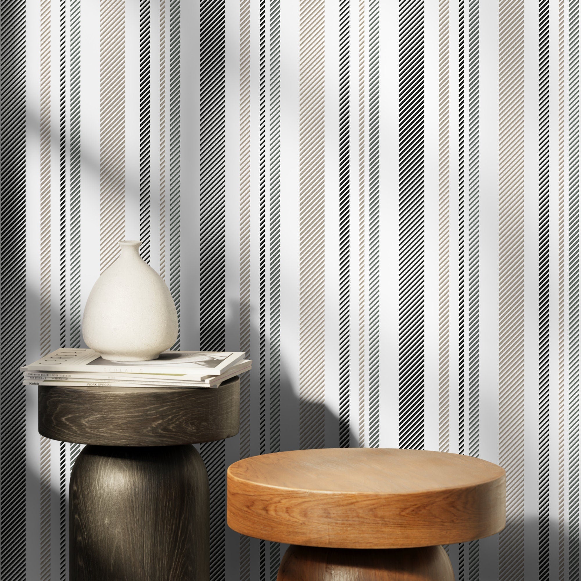 Striped Wallpaper With Textured Diagonal Lines In Grey, Black, And Taupe - D844