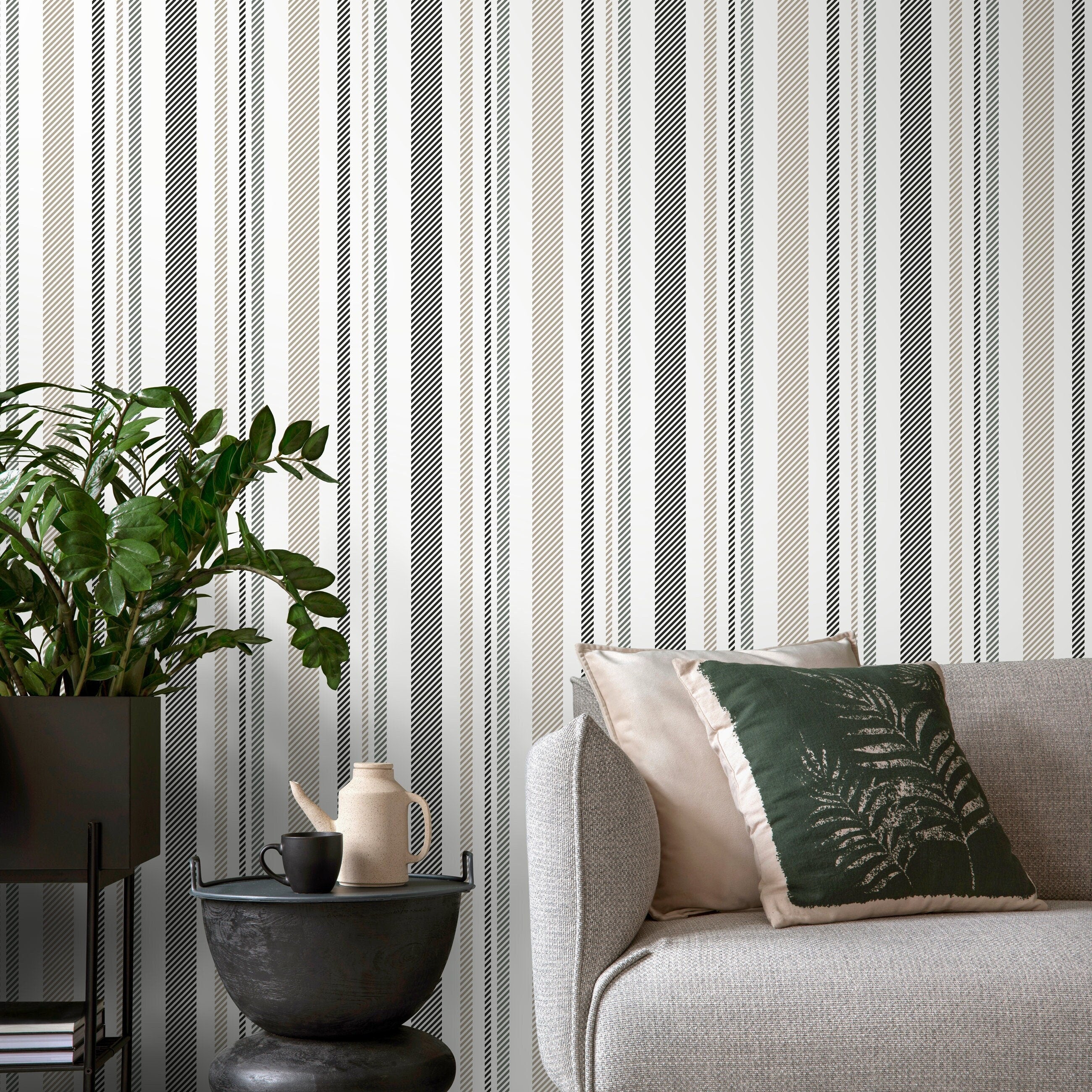 Striped Wallpaper With Textured Diagonal Lines In Grey, Black, And Taupe - D844