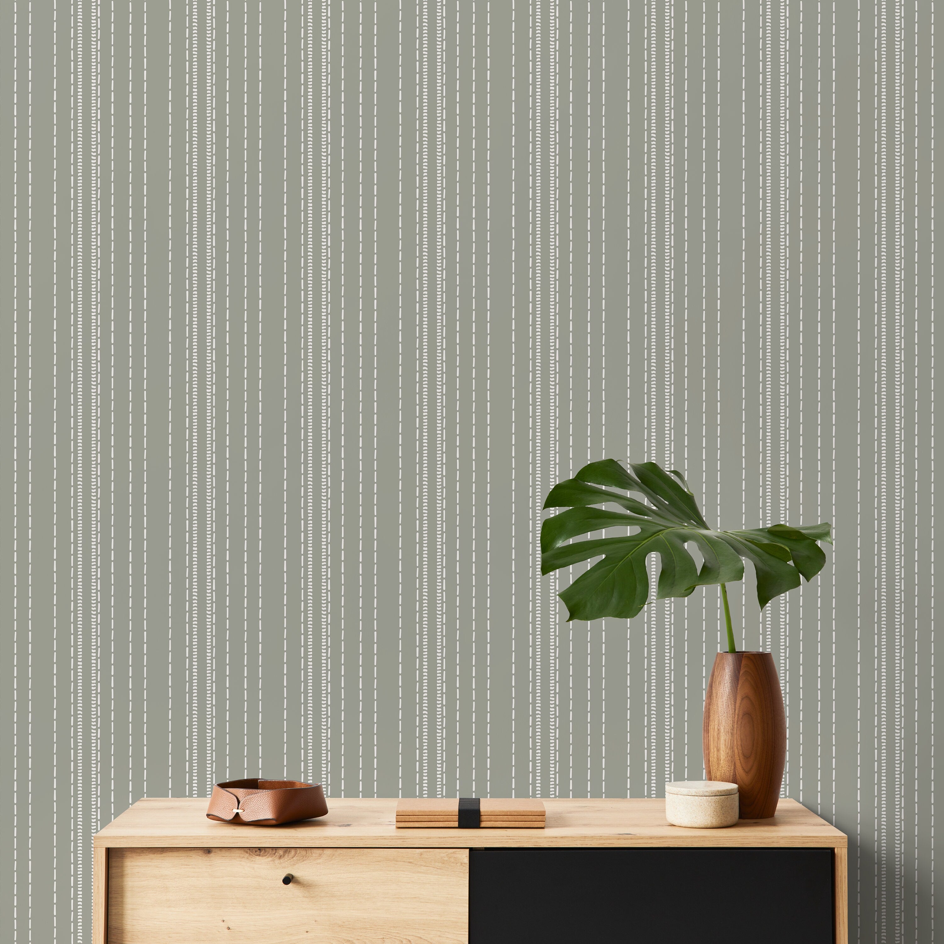Striped Wallpaper With Hand-drawn Dashes In Sage Green And White - D853