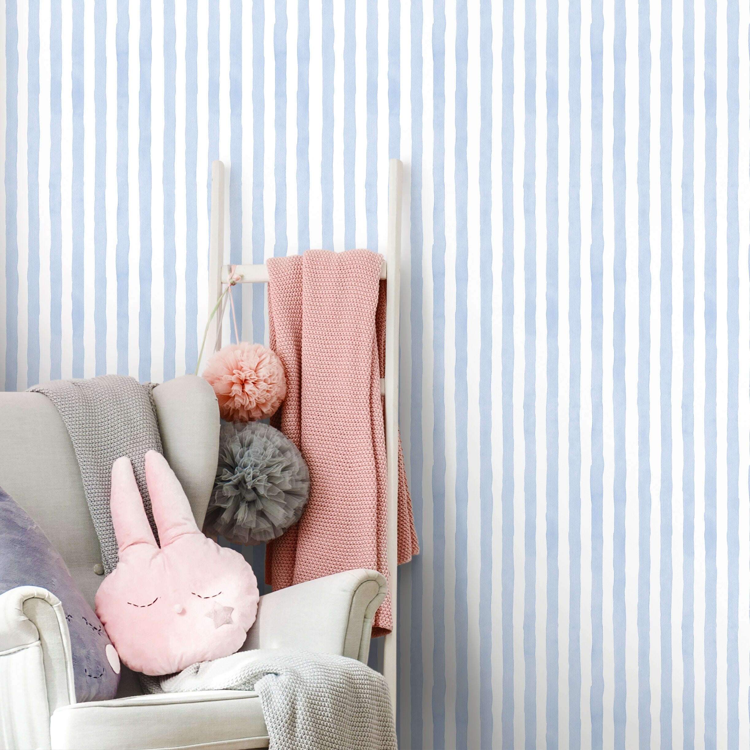 Striped Wallpaper With A Watercolor Motif In Baby Blue - D858