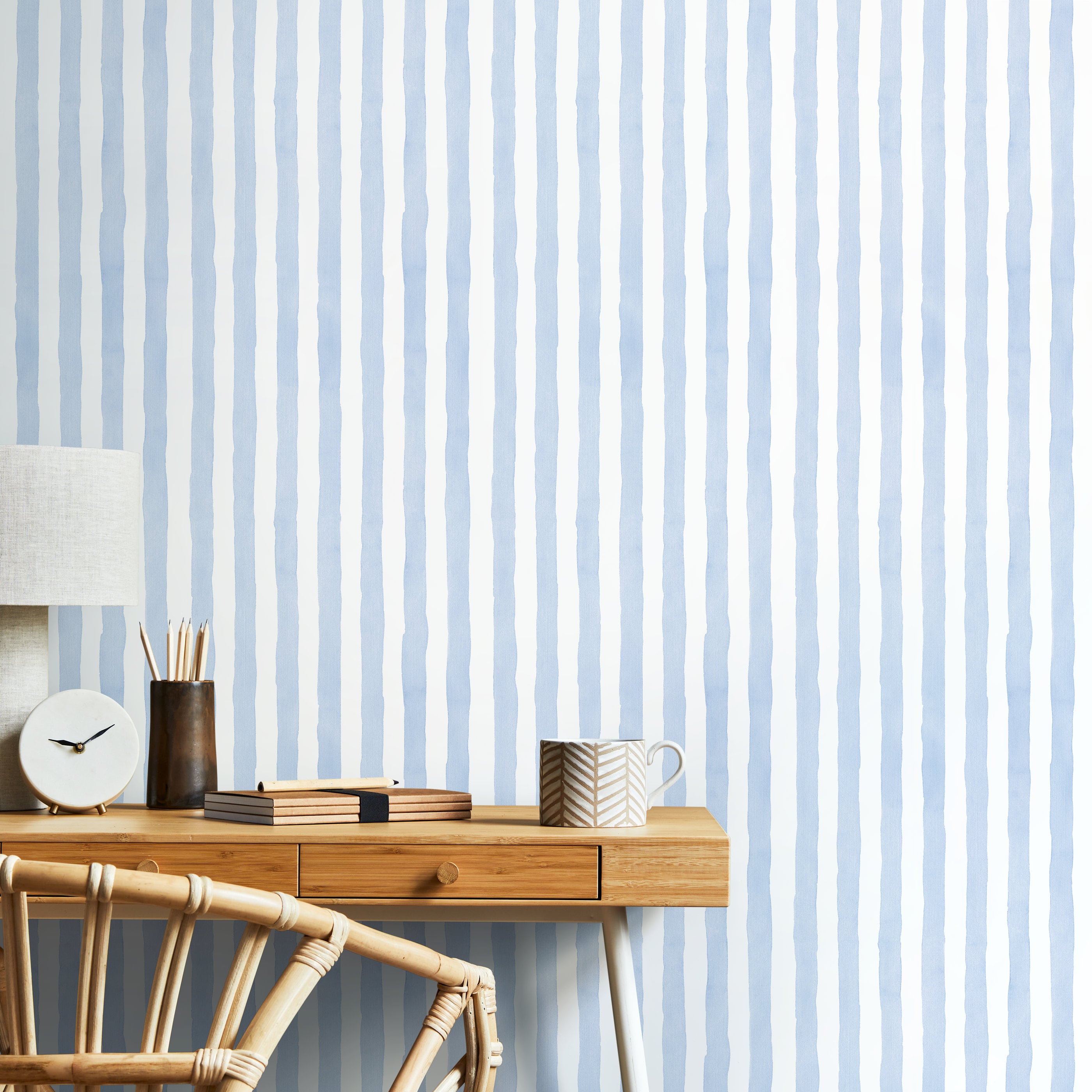 Striped Wallpaper With A Watercolor Motif In Baby Blue - D858