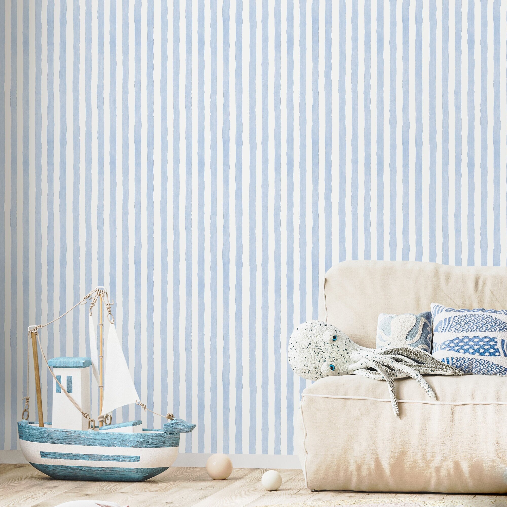 Striped Wallpaper With A Watercolor Motif In Baby Blue - D858