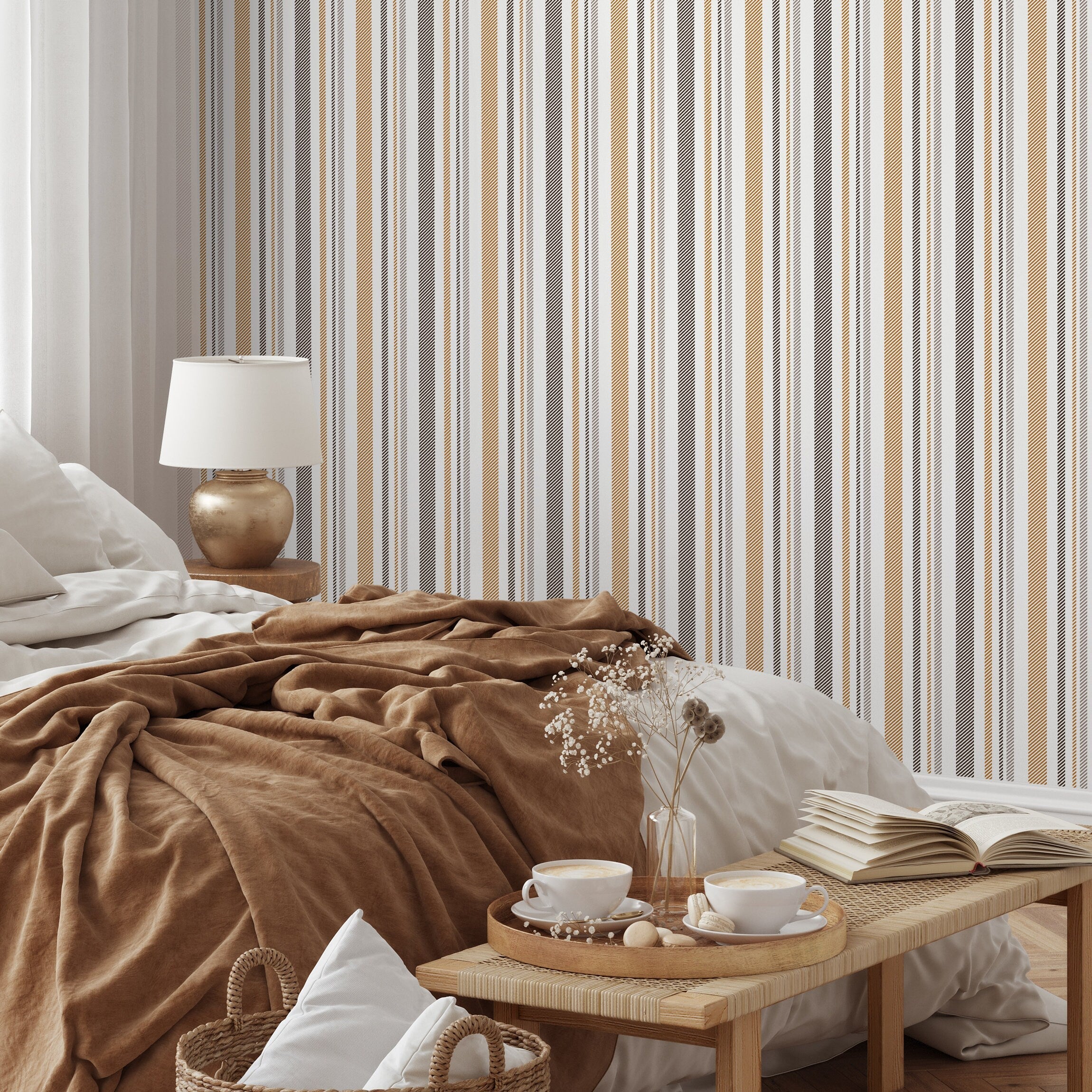 Minimalist Striped Wallpaper With Textured Lines In Gold, Grey, And Black - D845