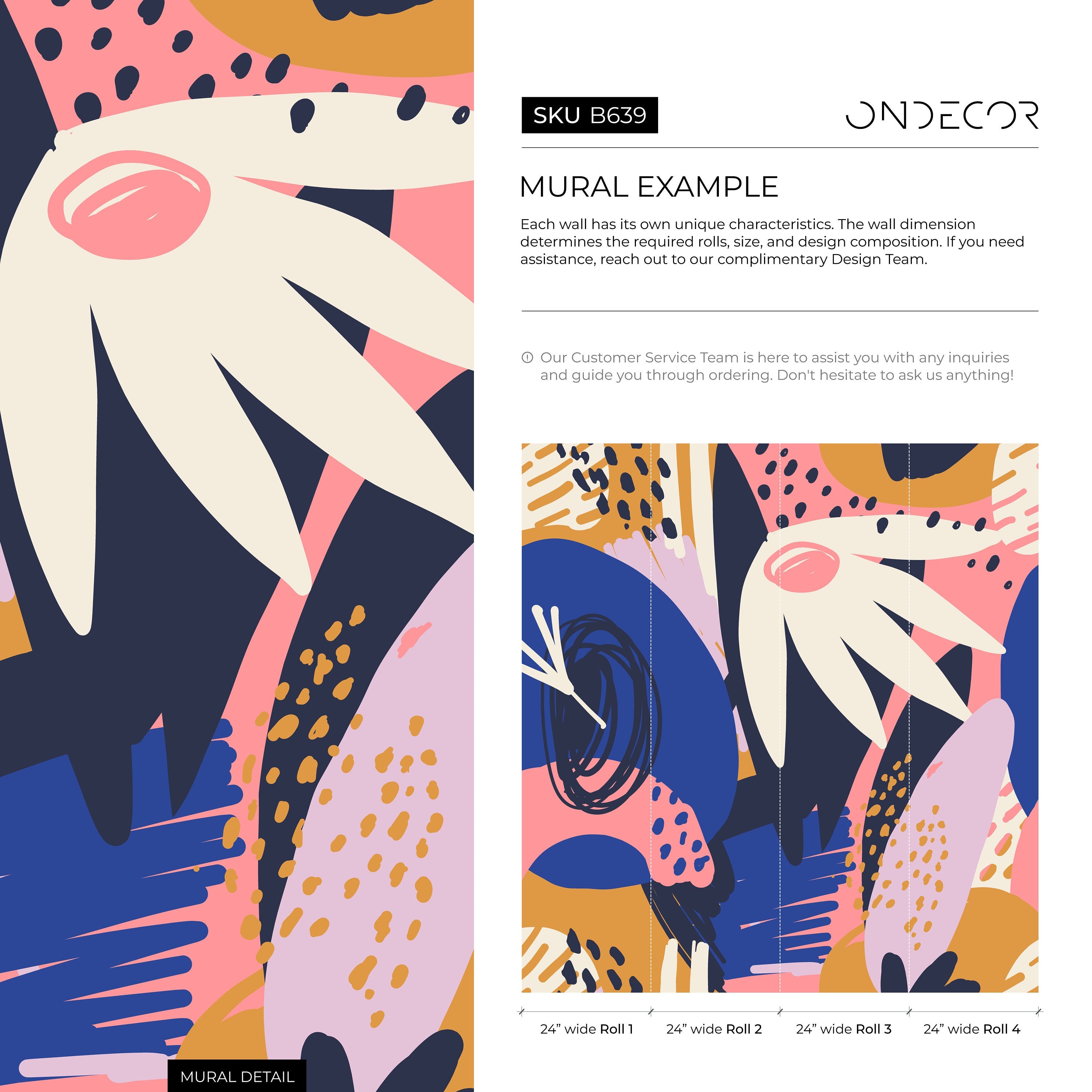 Abstract Wallpaper With Bold Organic Forms In Navy, Pink, And Mustard - B639