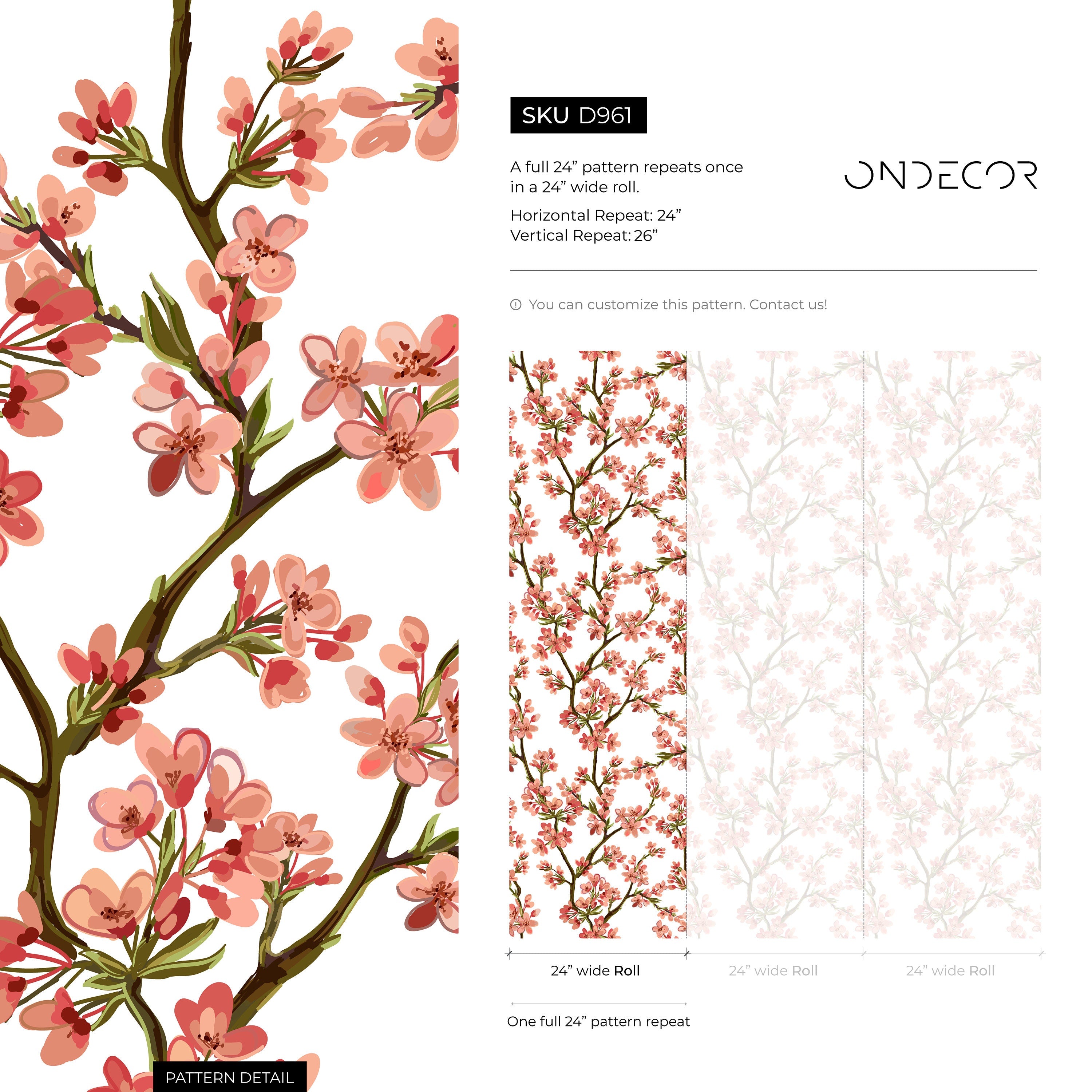 Floral Wallpaper With Cherry Blossom Branches In Pink, Red, And Brown - D961