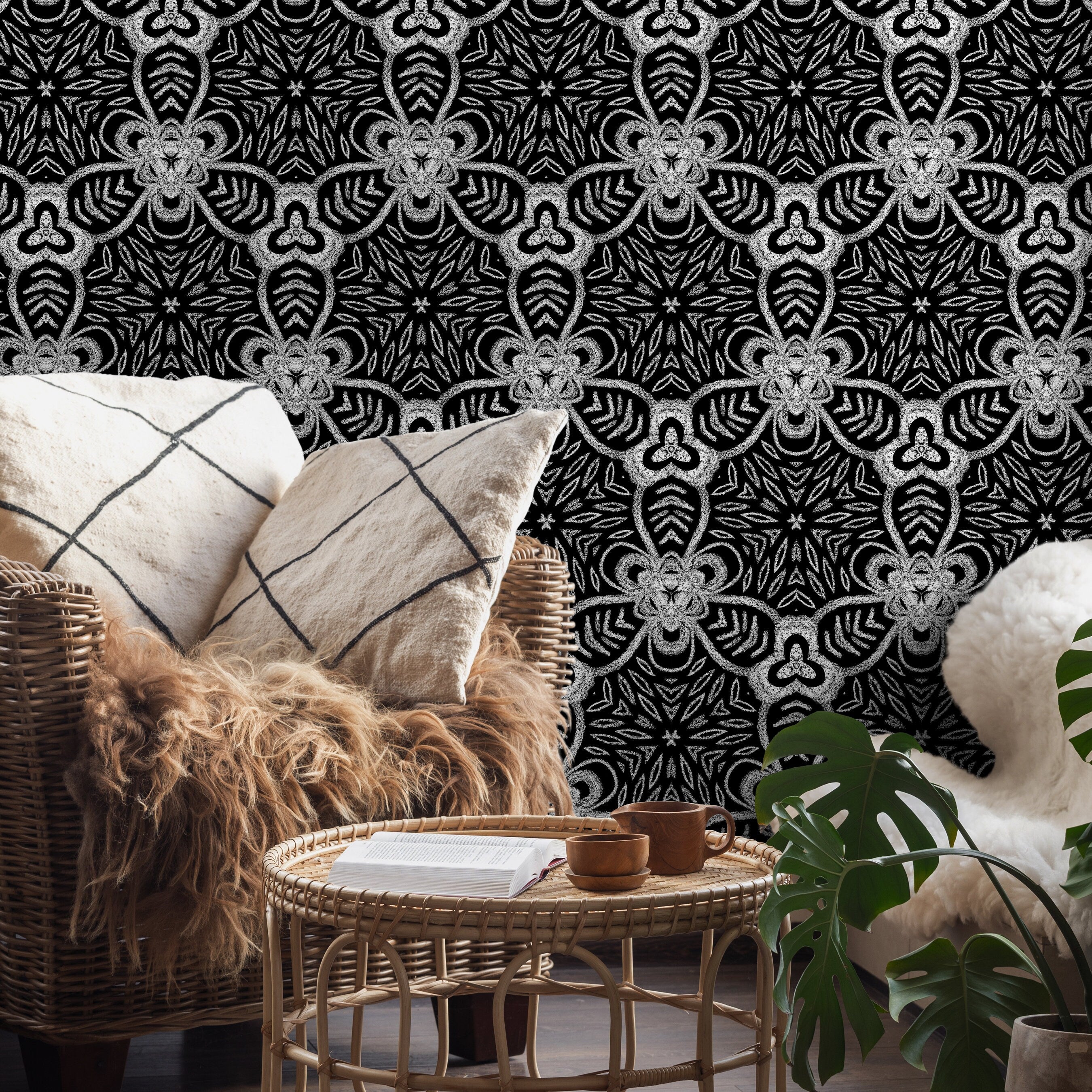 Geometric Wallpaper With An Intricate Medallion Motif In Black And White - X078