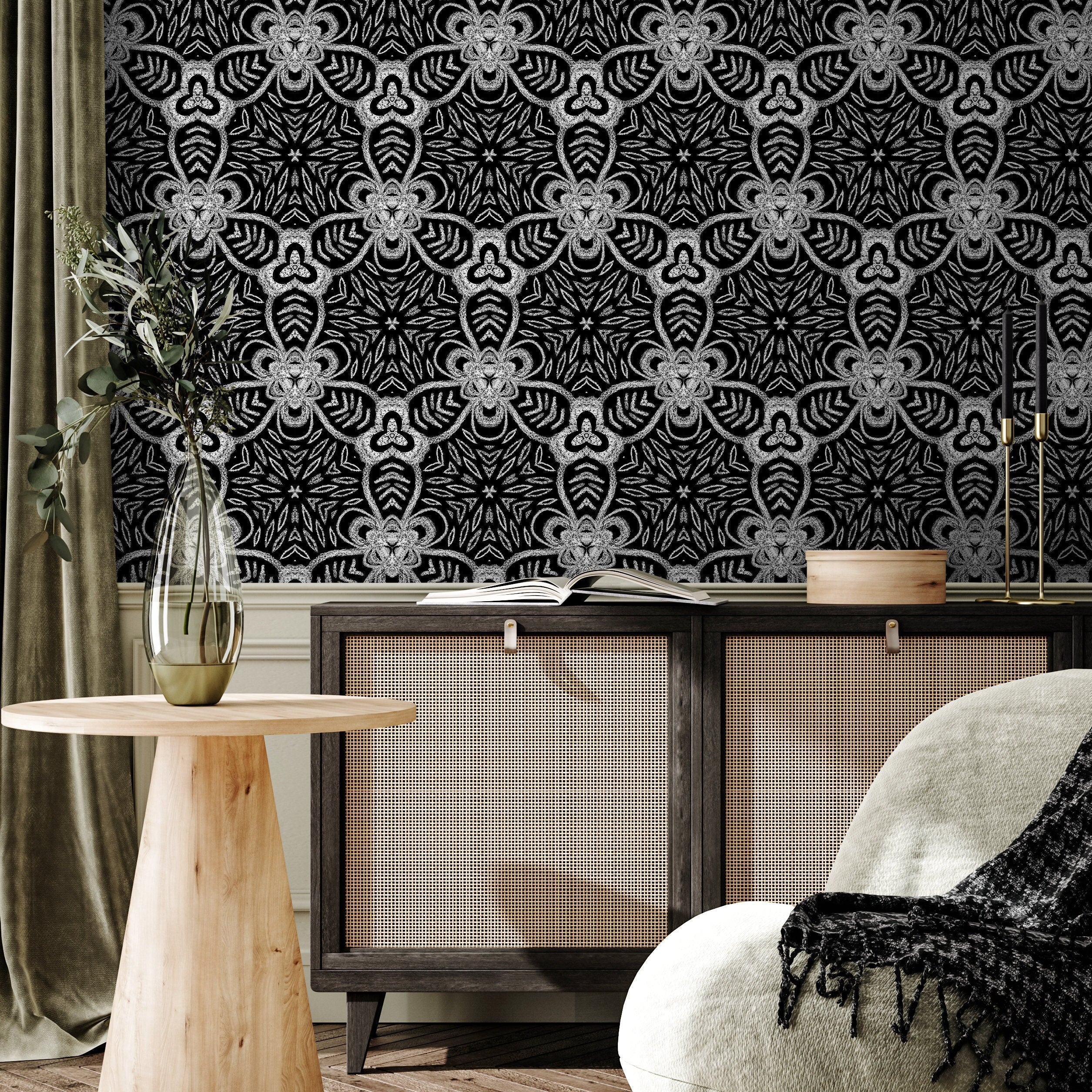 Geometric Wallpaper With An Intricate Medallion Motif In Black And White - X078