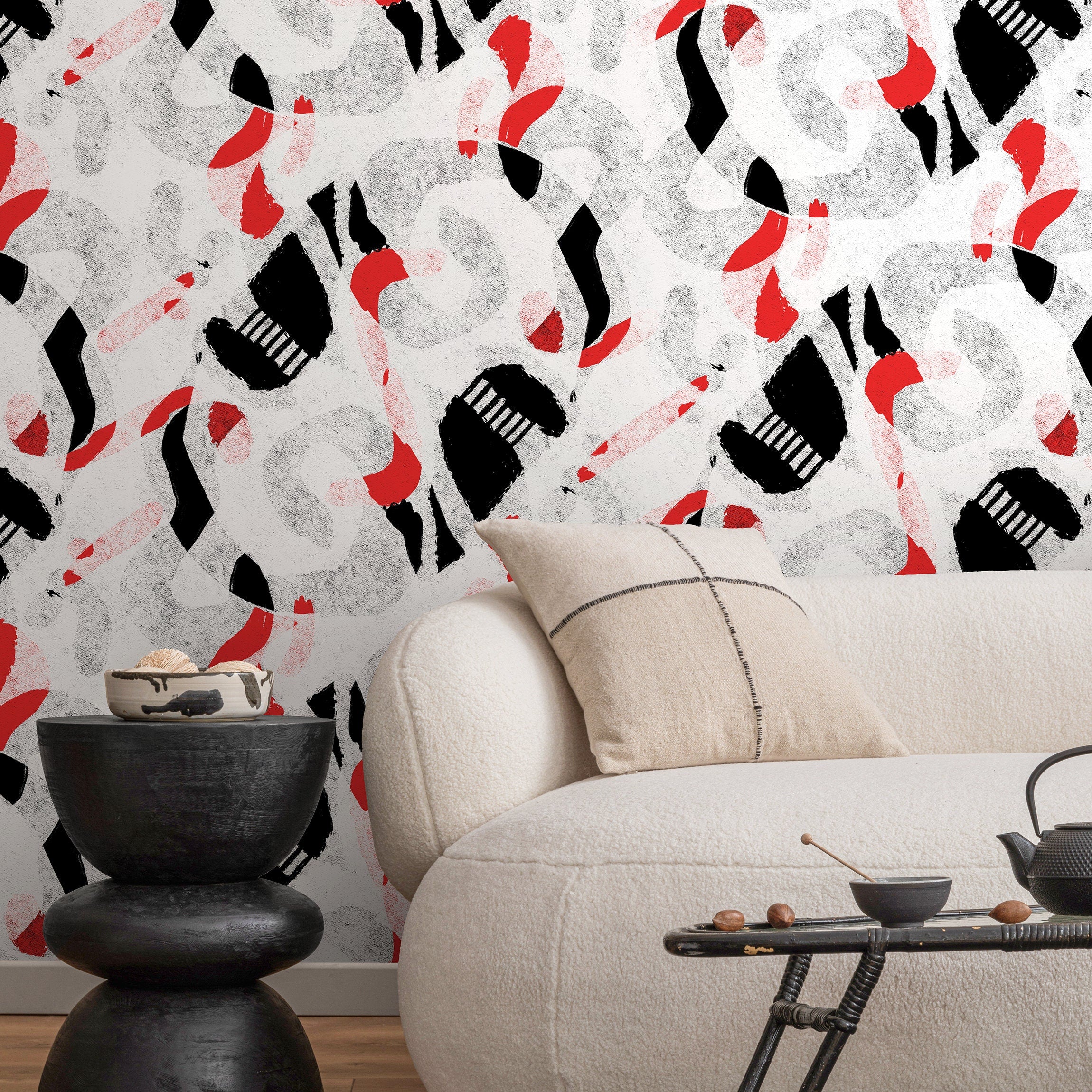 Abstract Wallpaper With Bold Graphic Shapes In Red, Black, And Gray - X106