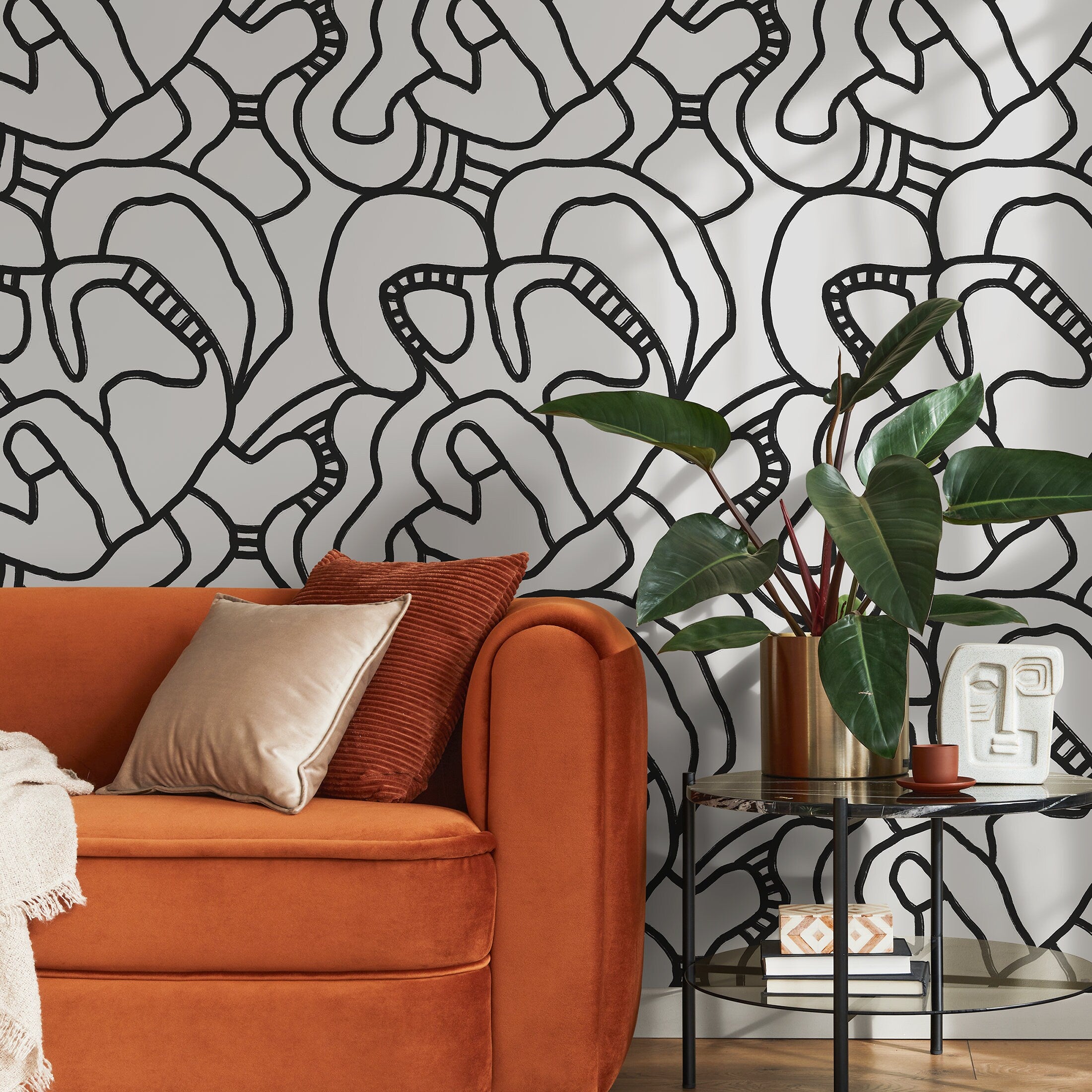 Abstract Wallpaper With A Bold Continuous Line Motif In Black And Gray - X107