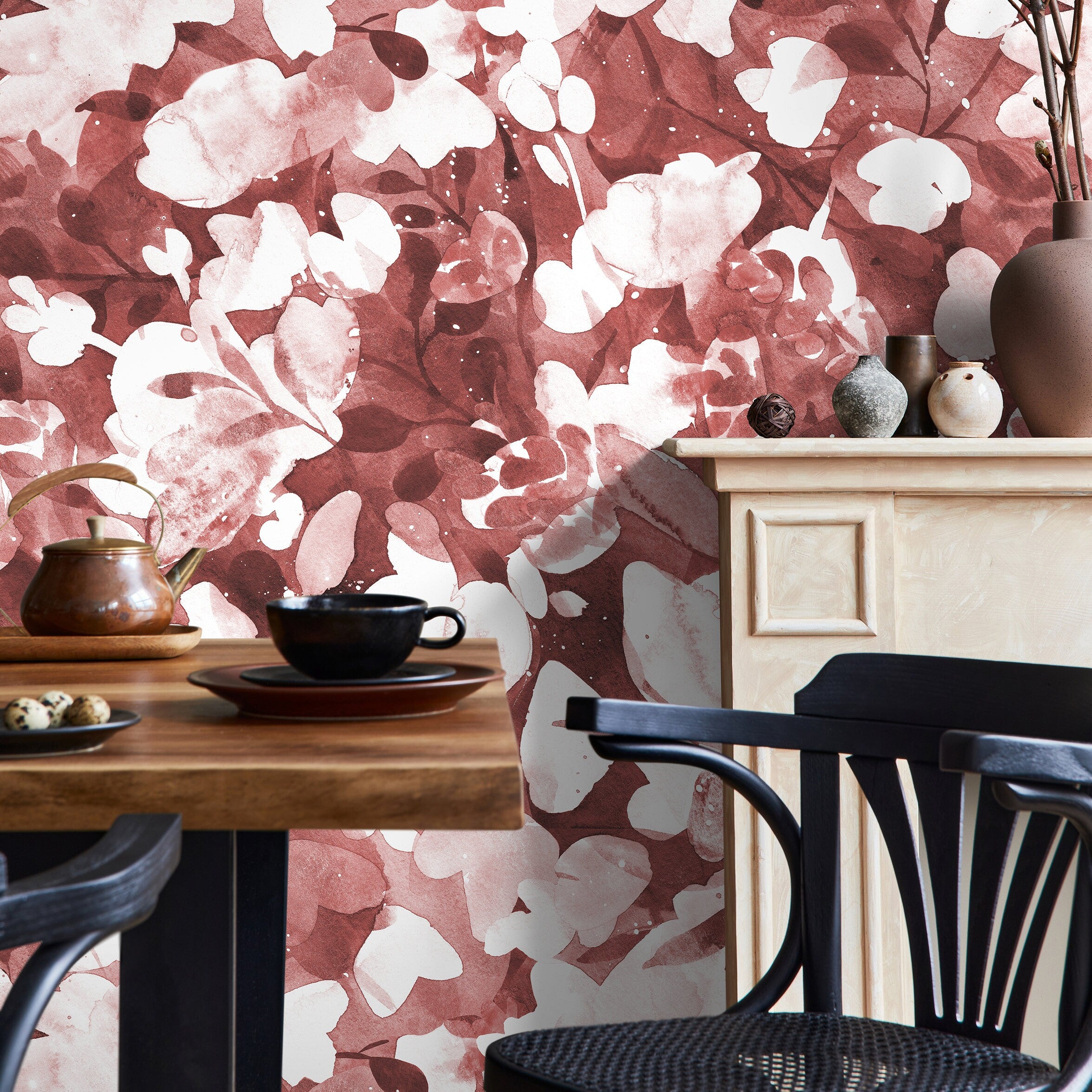 Abstract Wallpaper With A Watercolor Floral Motif In Terracotta And Red - X153