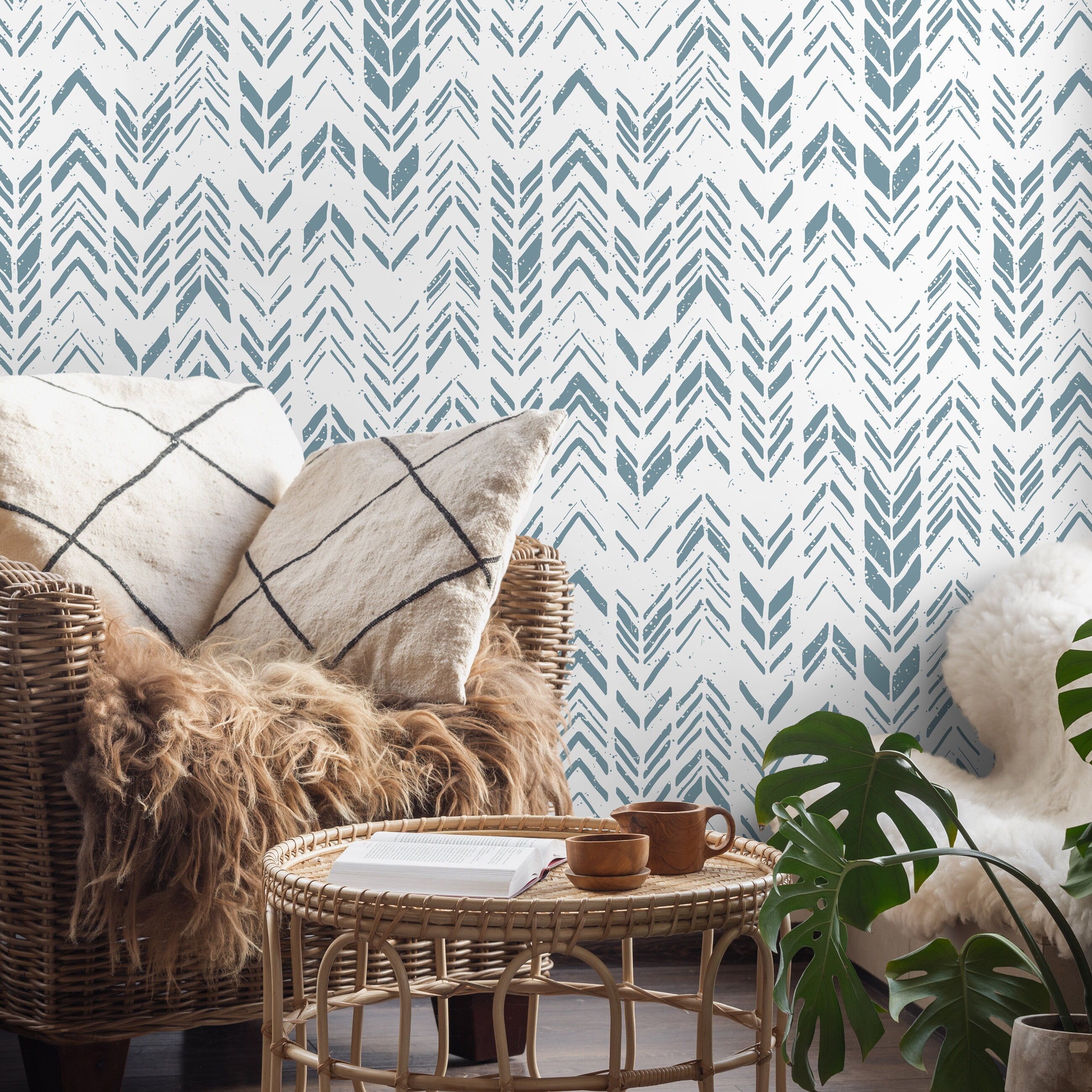 Scandinavian Wallpaper With A Stamped Chevron Motif In Dusty Blue - A601