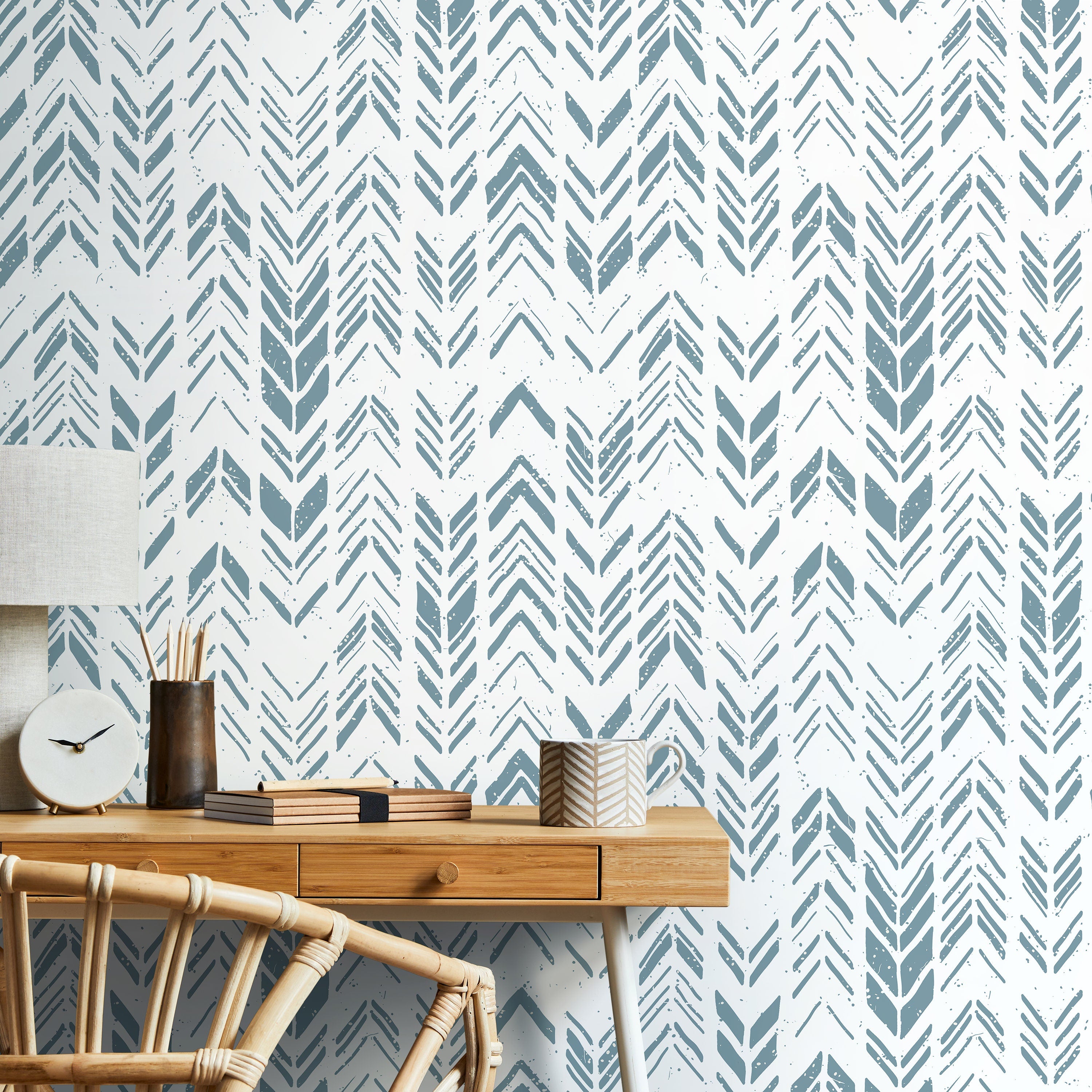 Boho Wallpaper With A Distressed Herringbone Pattern In Blue - A601