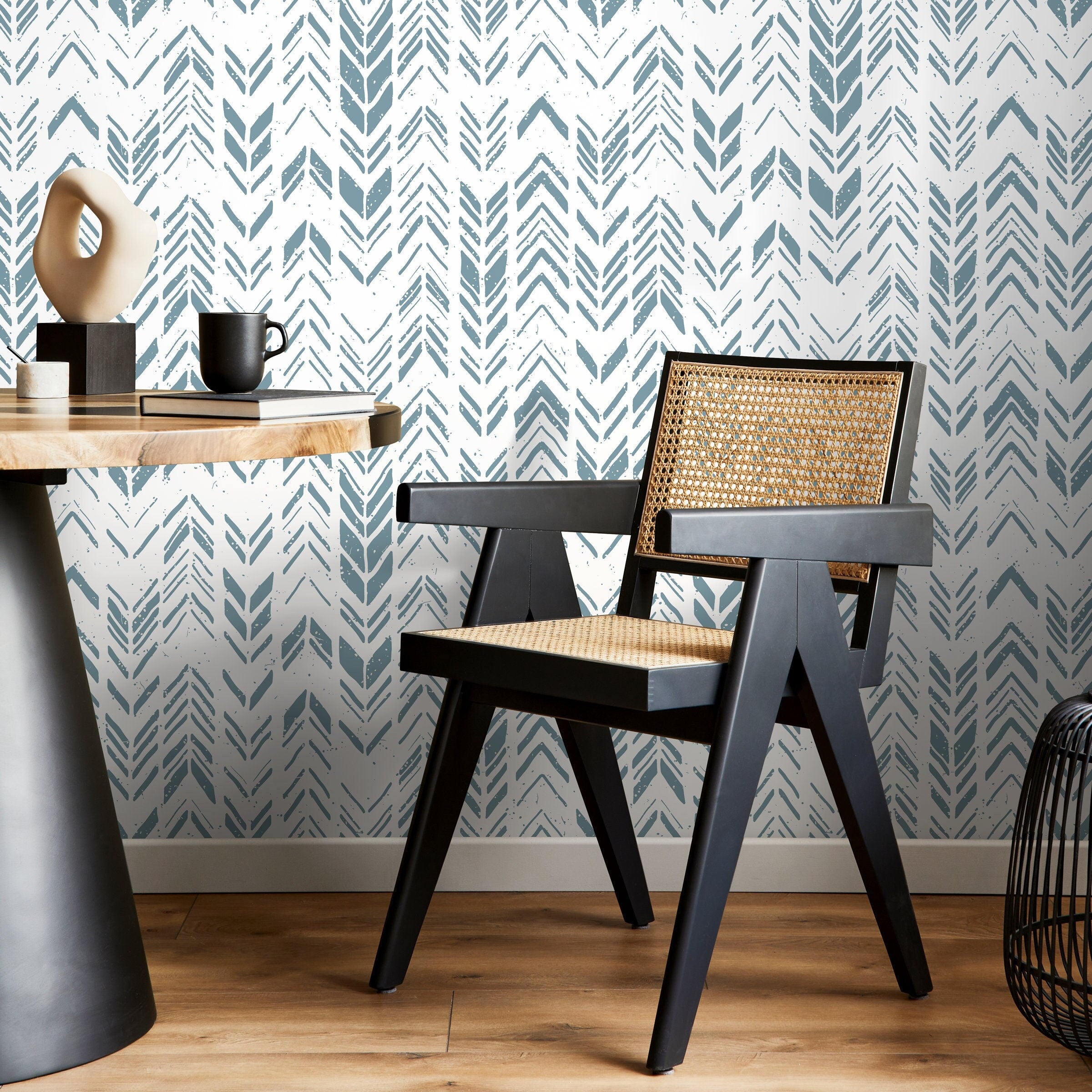 Boho Wallpaper With A Distressed Herringbone Pattern In Blue - A601