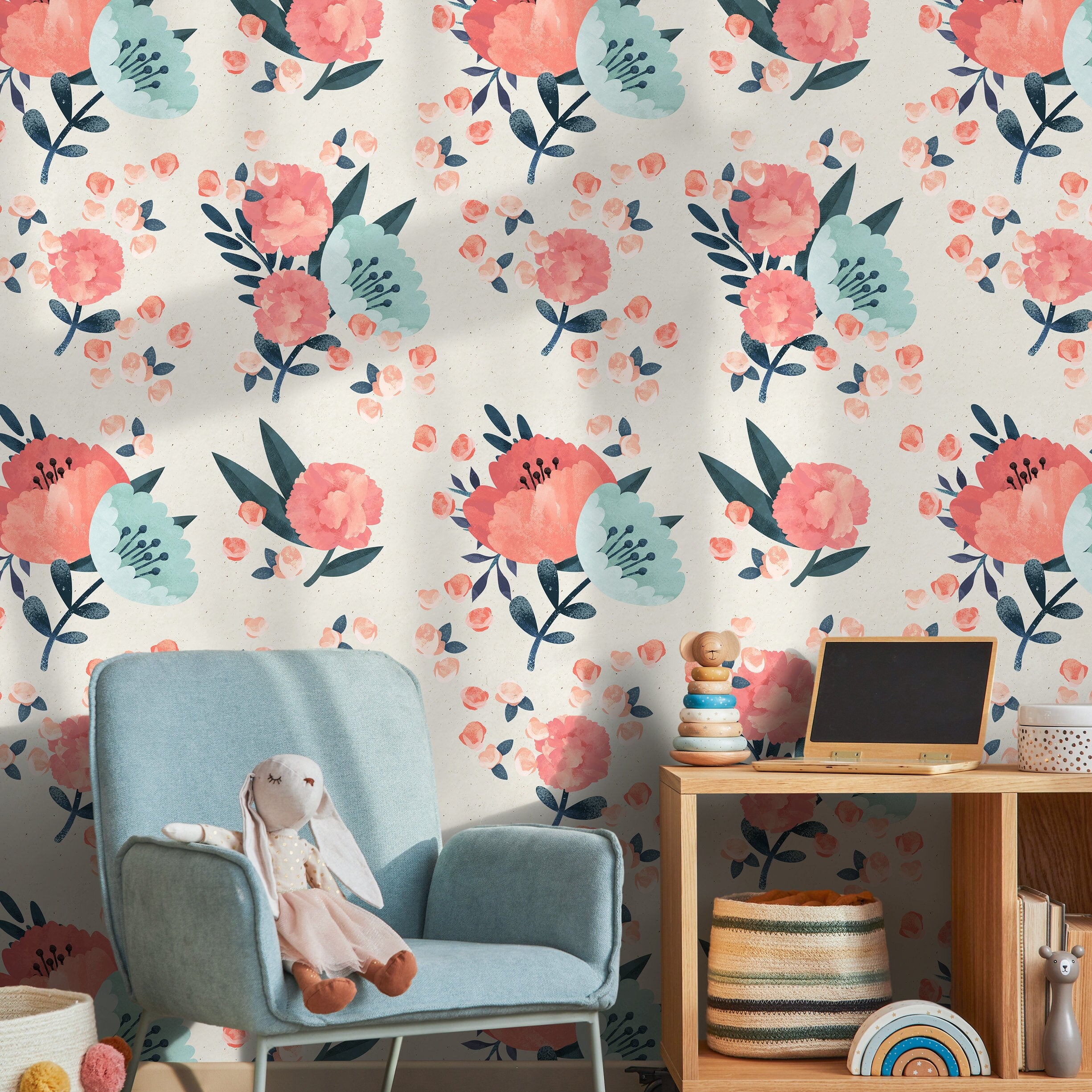 Floral Wallpaper With Vintage Peonies In Coral, Teal, And Blue - A617