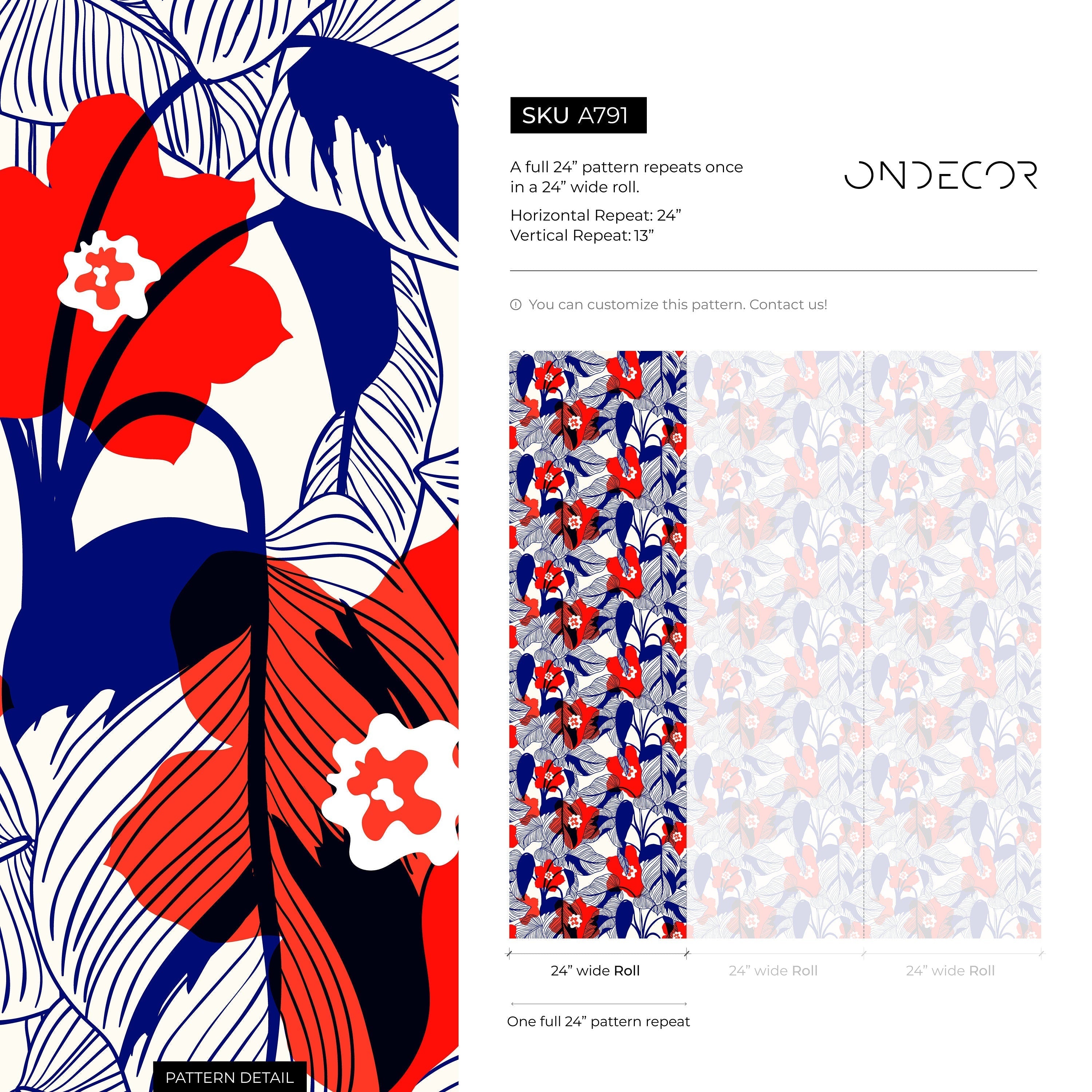 Botanical Wallpaper With Graphic Florals And Leaves In Red And Blue - A791