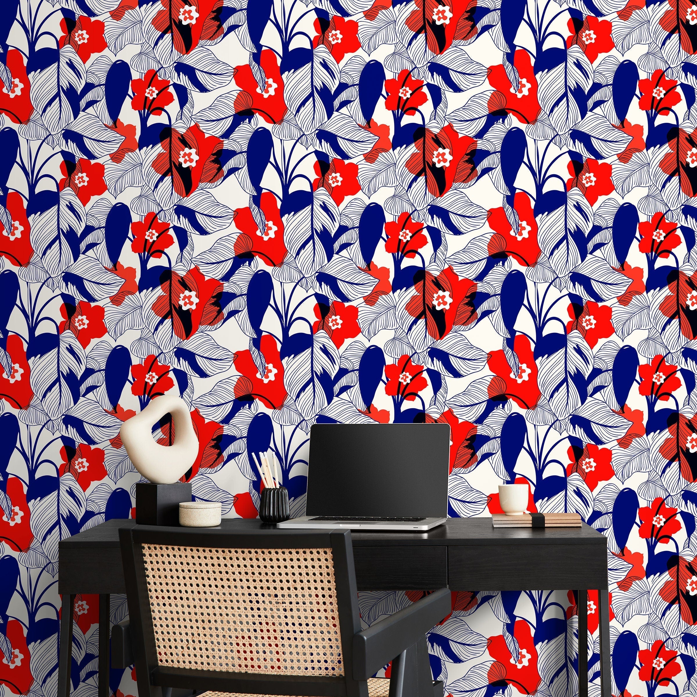 Botanical Wallpaper With Graphic Florals And Leaves In Red And Blue - A791