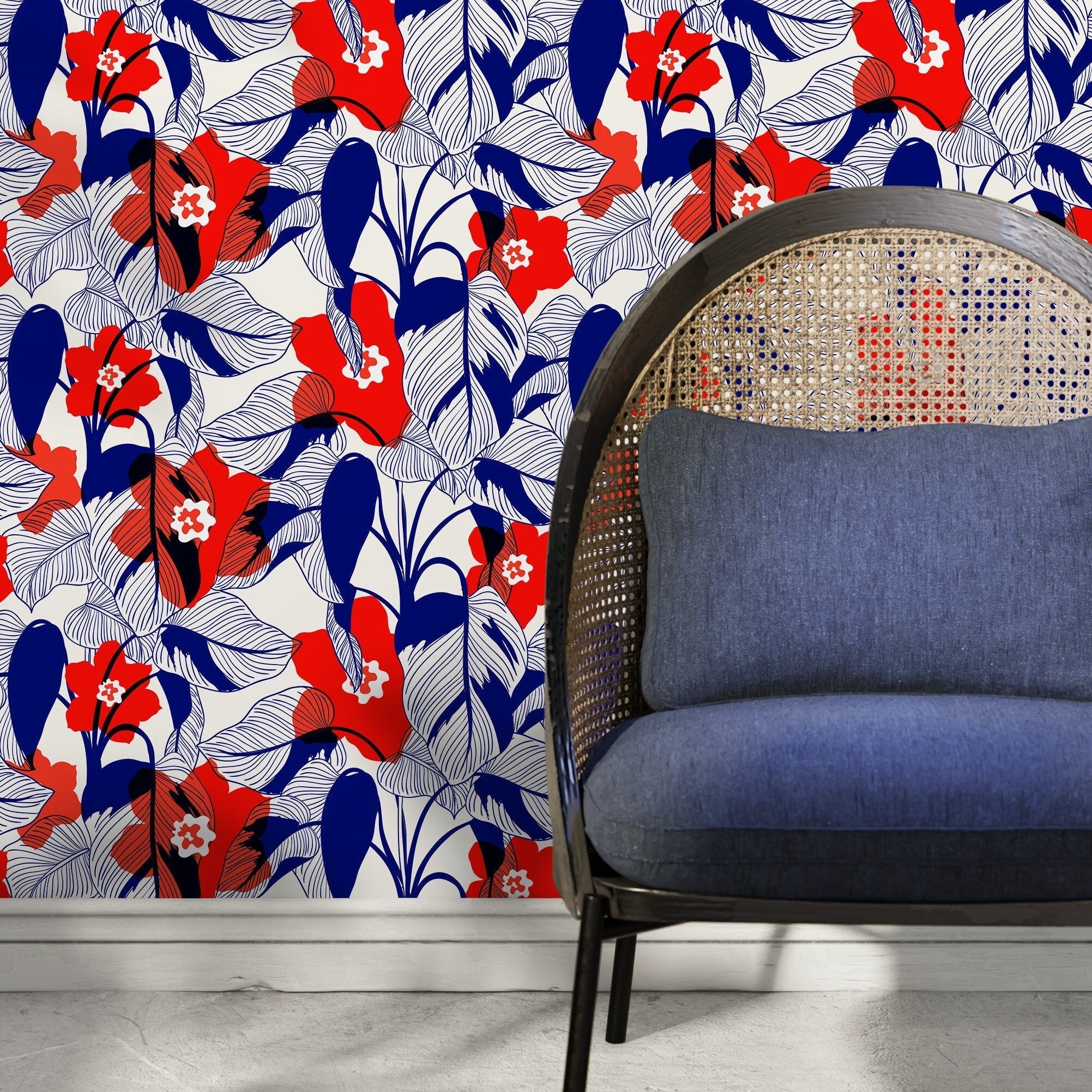 Botanical Wallpaper With Graphic Florals And Leaves In Red And Blue - A791