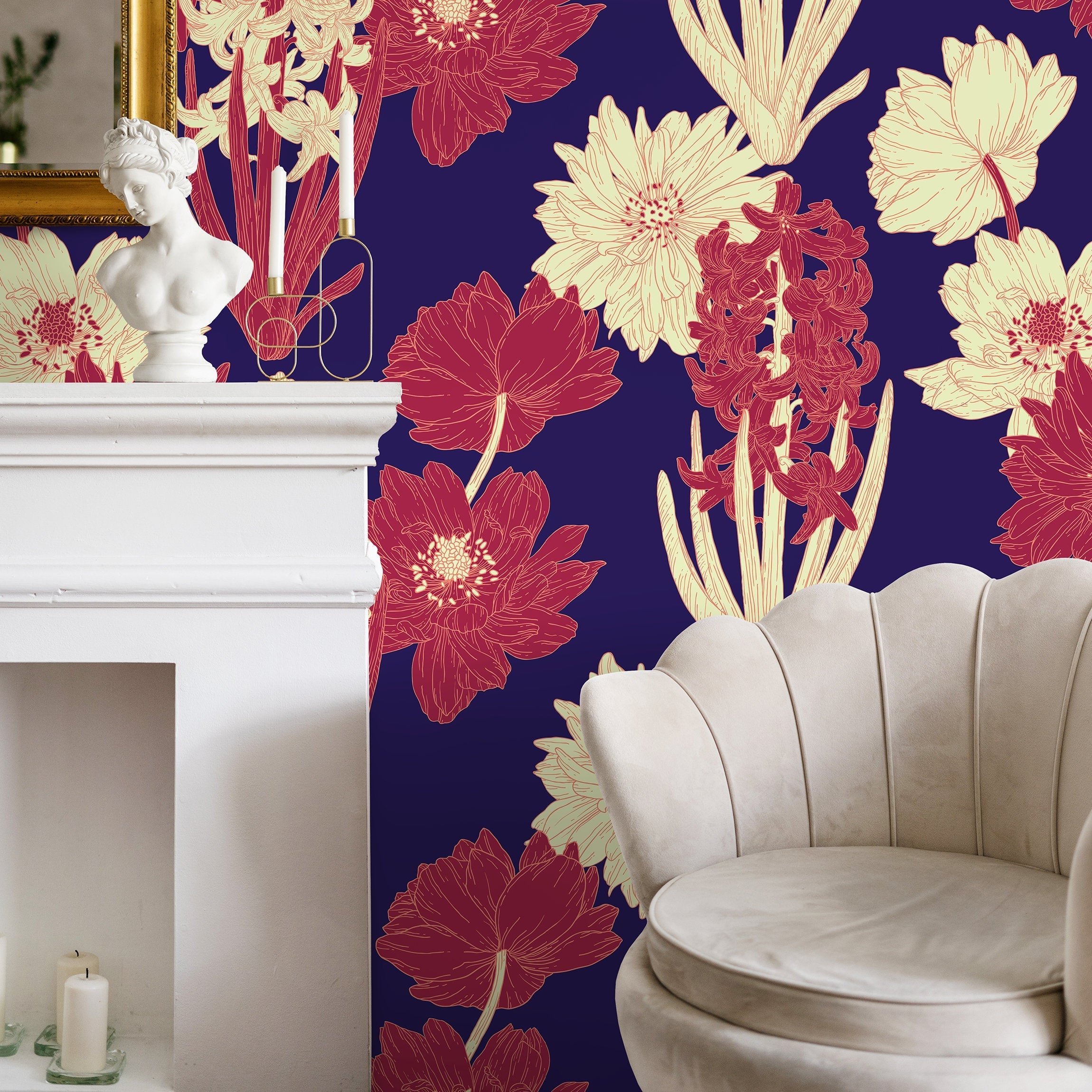 Floral Wallpaper Featuring Hyacinths And Dahlias In Red, Cream, And Navy Blue - A802