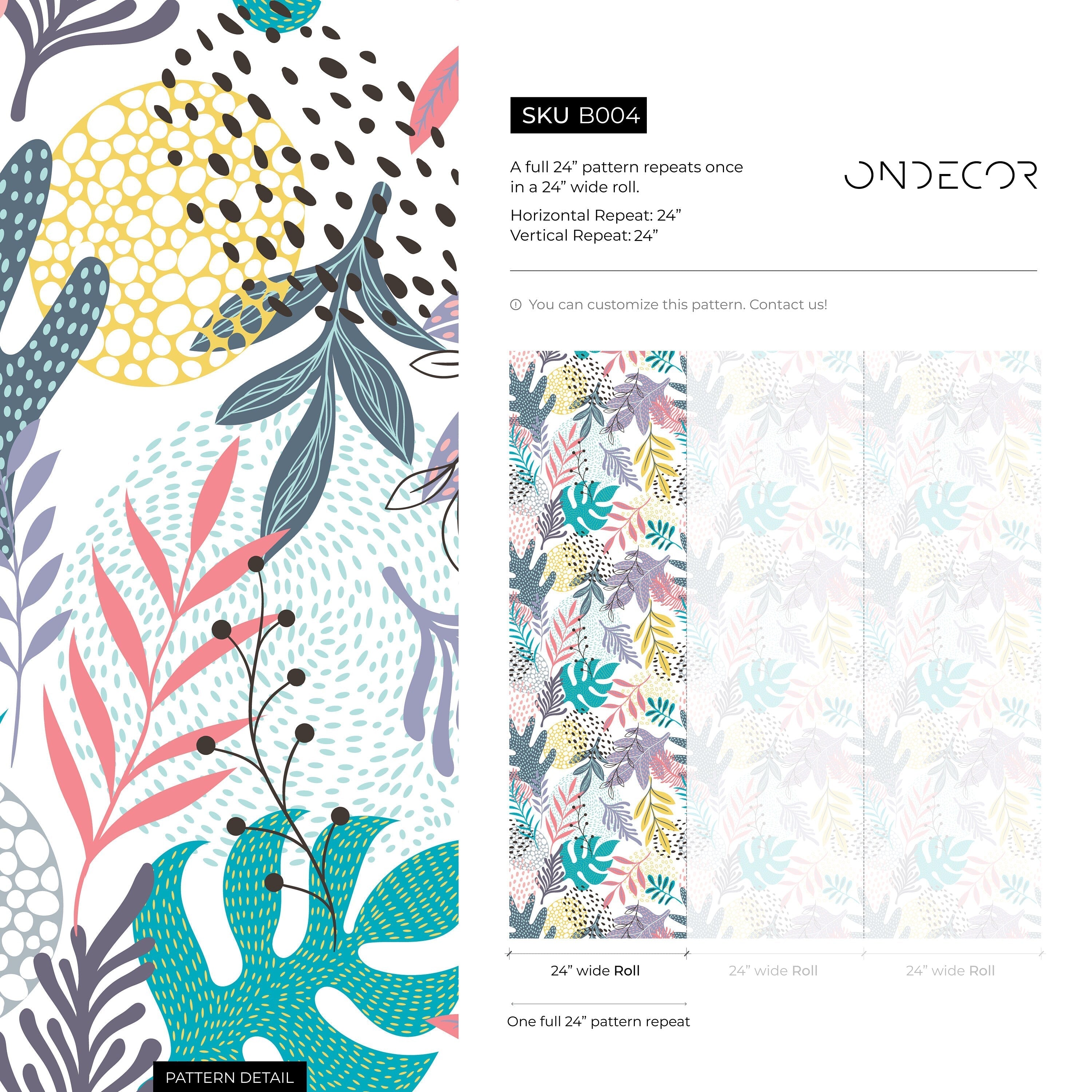 Botanical Wallpaper With Abstract Leaves In Teal, Pink, And Yellow - B004