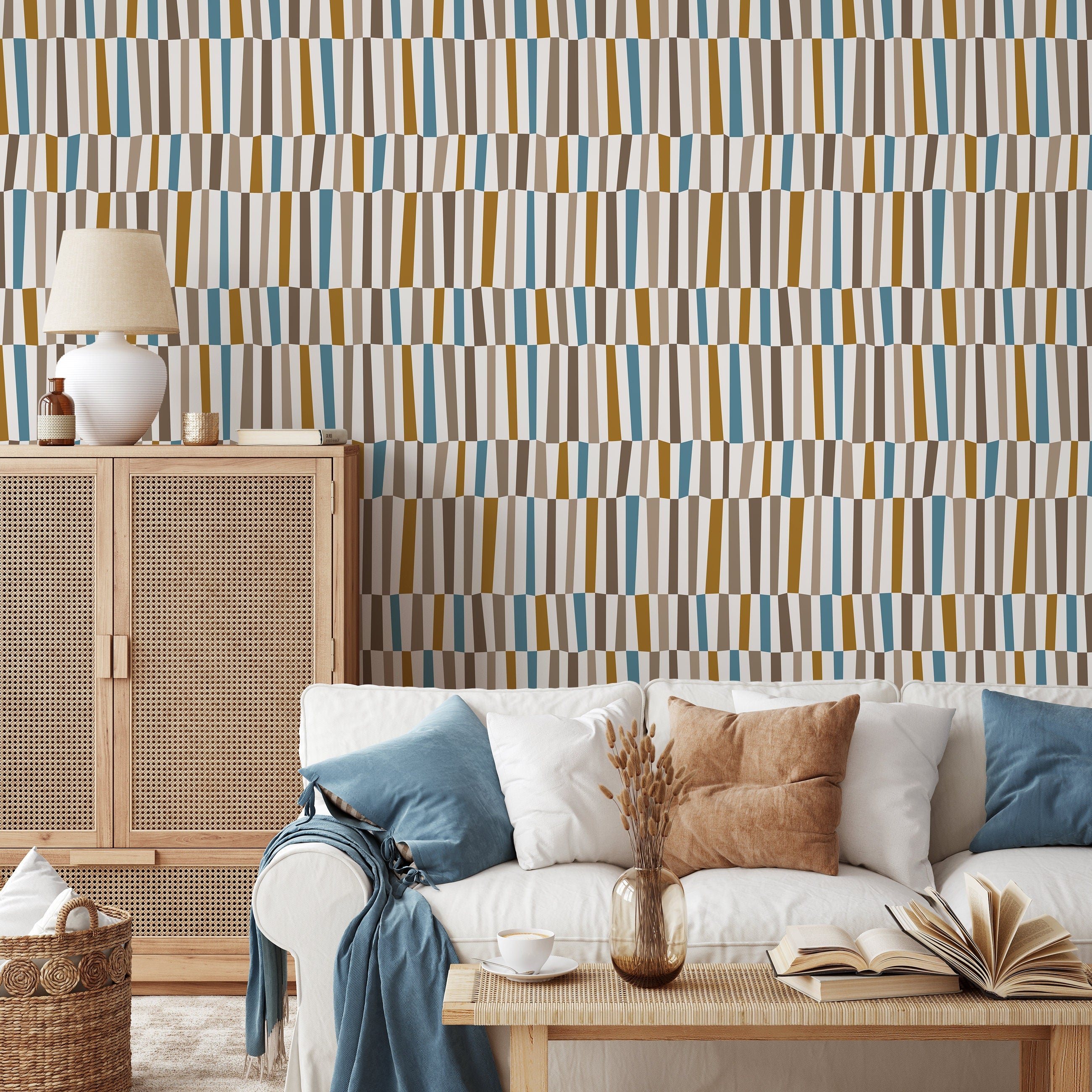 Mid Century Wallpaper With An Abstract Vertical Block Pattern In Blue, Brown, And Mustard - D851