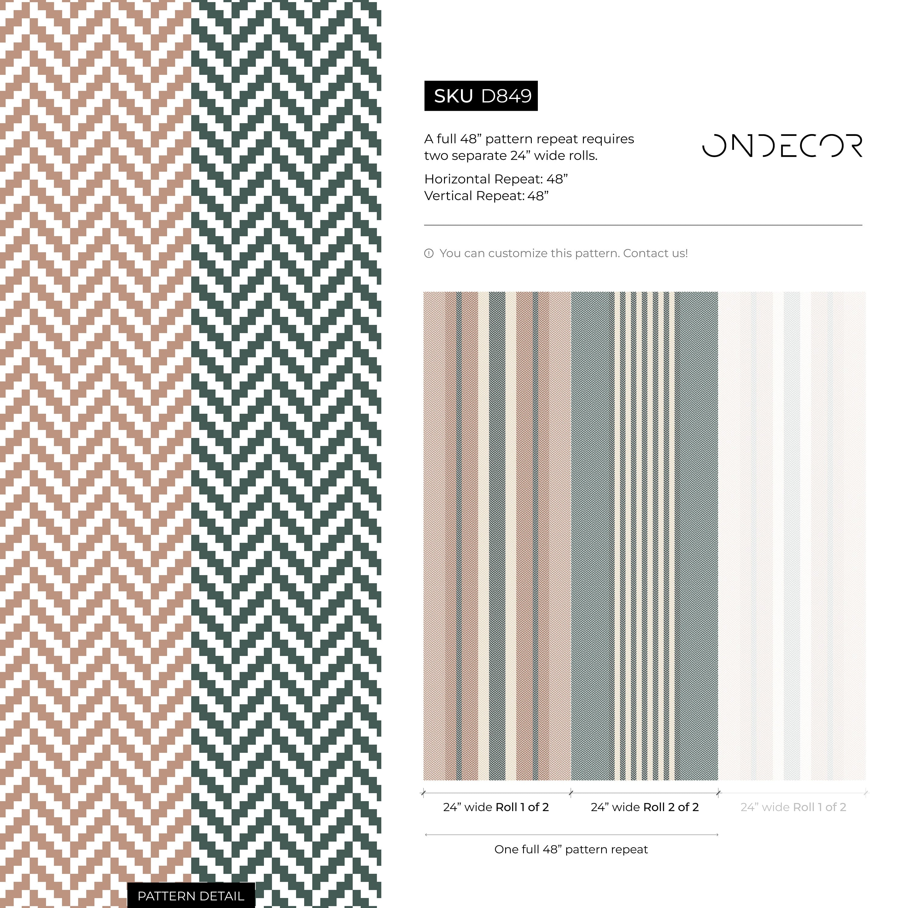 Geometric Wallpaper With Herringbone Stripes In Teal, Terracotta, And Beige - D849