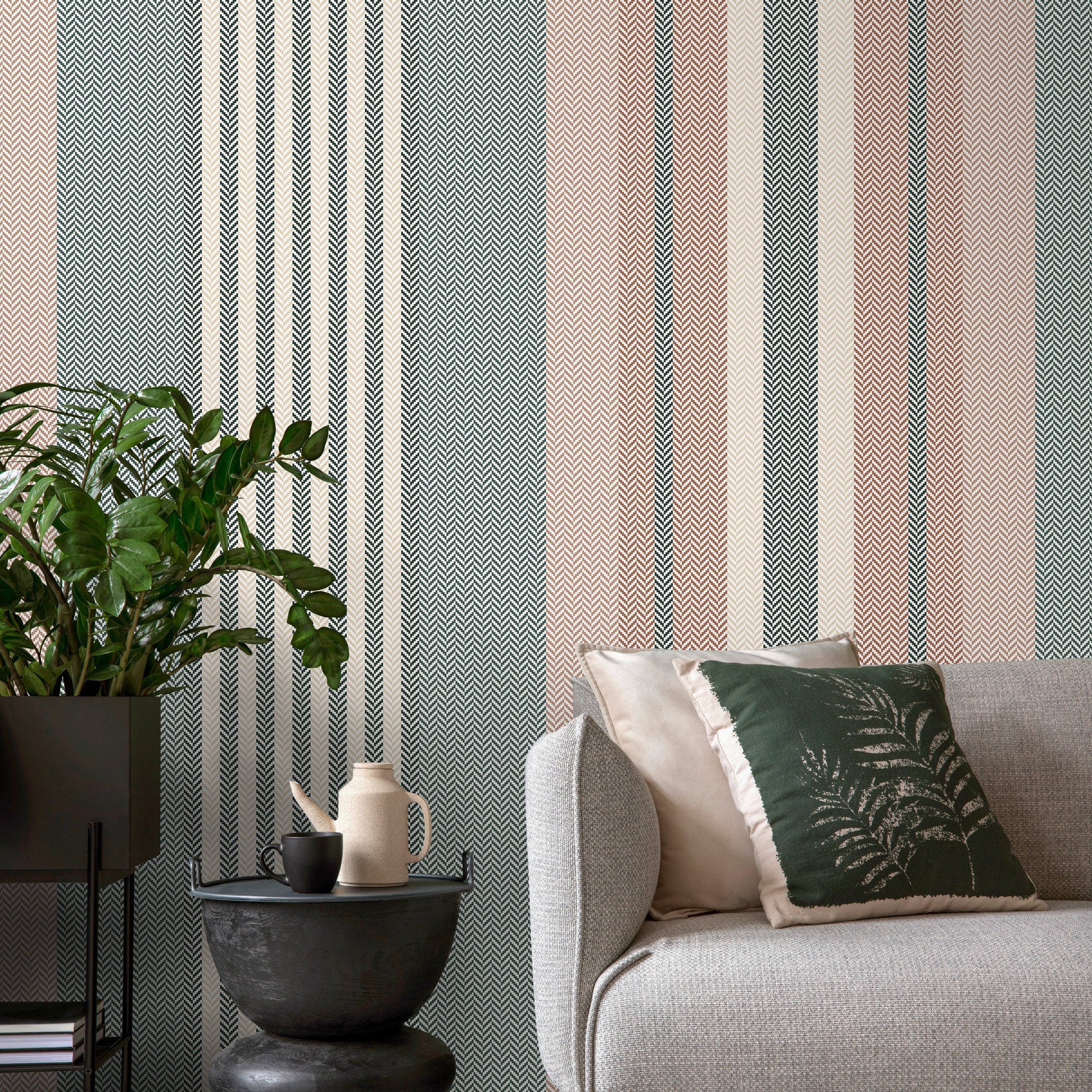 Geometric Wallpaper With Herringbone Stripes In Teal, Terracotta, And Beige - D849
