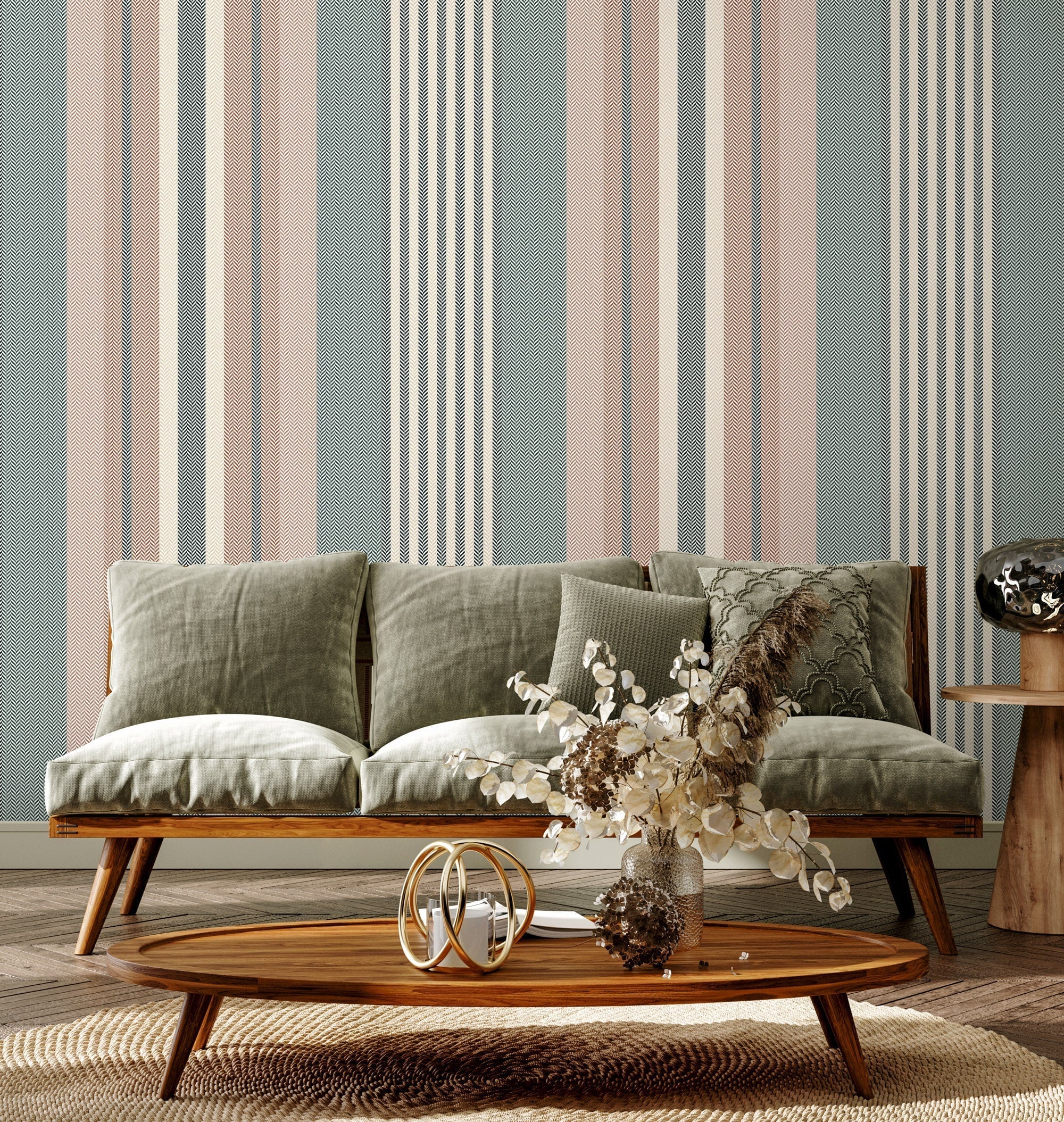 Geometric Wallpaper With Herringbone Stripes In Teal, Terracotta, And Beige - D849
