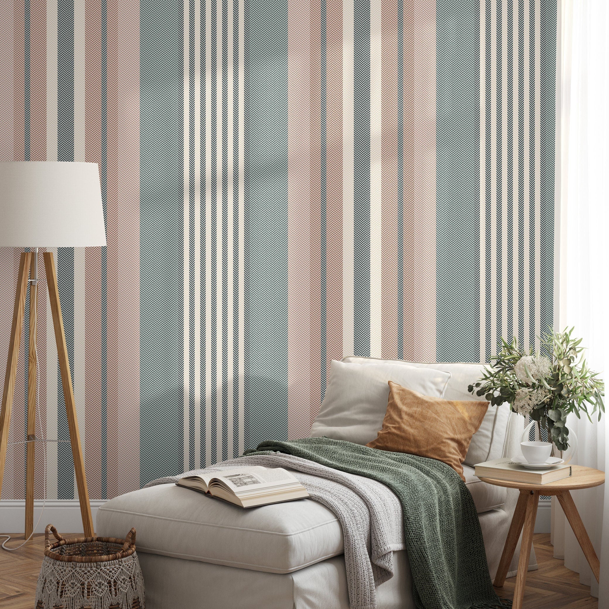 Geometric Wallpaper With Herringbone Stripes In Teal, Terracotta, And Beige - D849