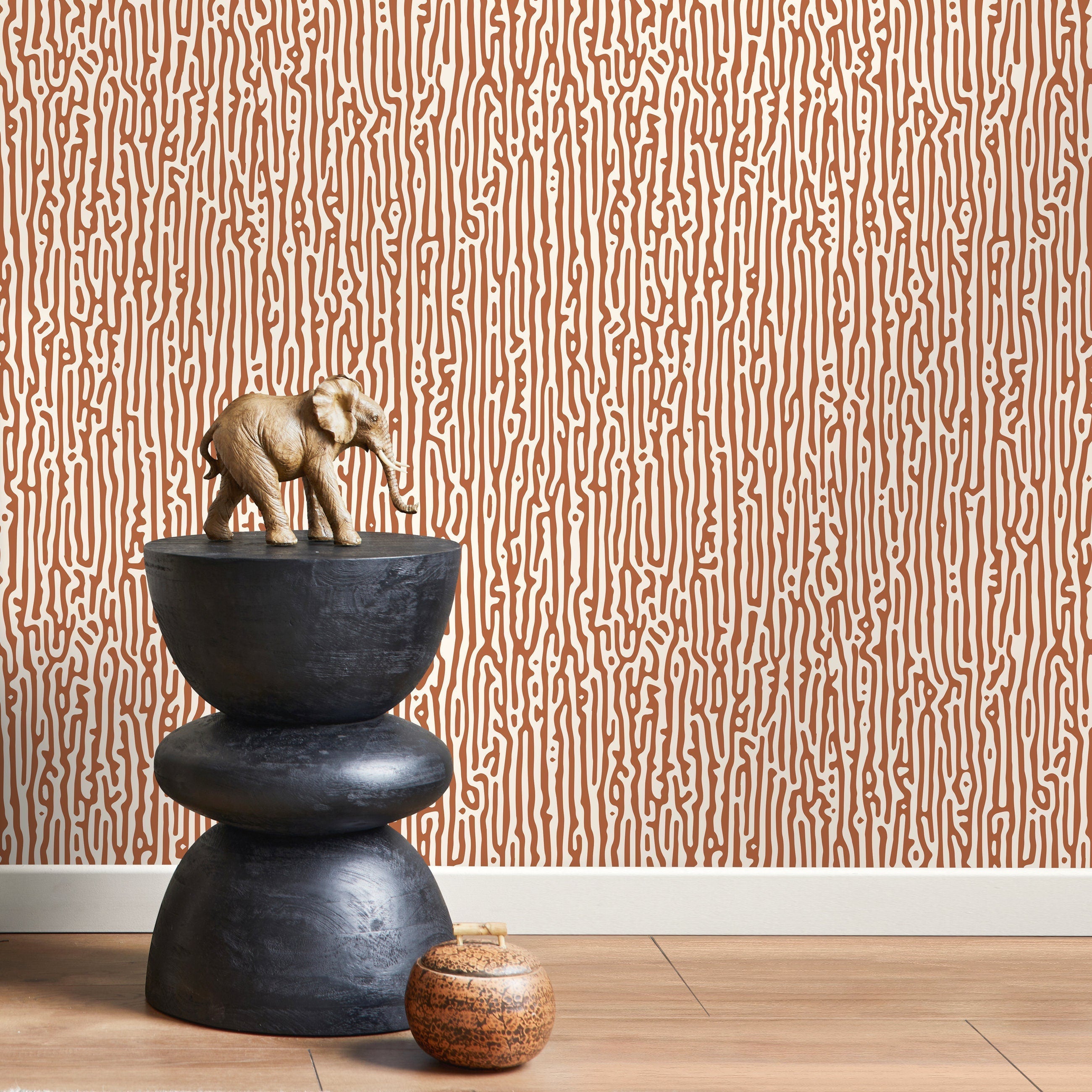 Abstract Wallpaper With Organic Wavy Lines In Terracotta And Cream - D854