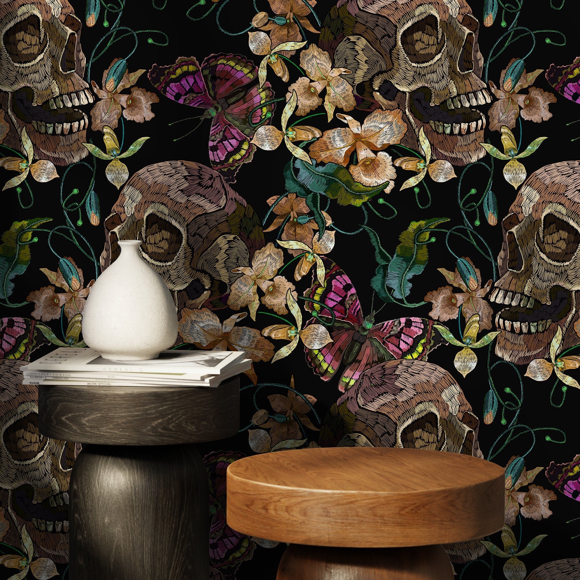 Maximalist Wallpaper With Embroidered Skulls And Butterflies In Black, Brown, And Pink - D897
