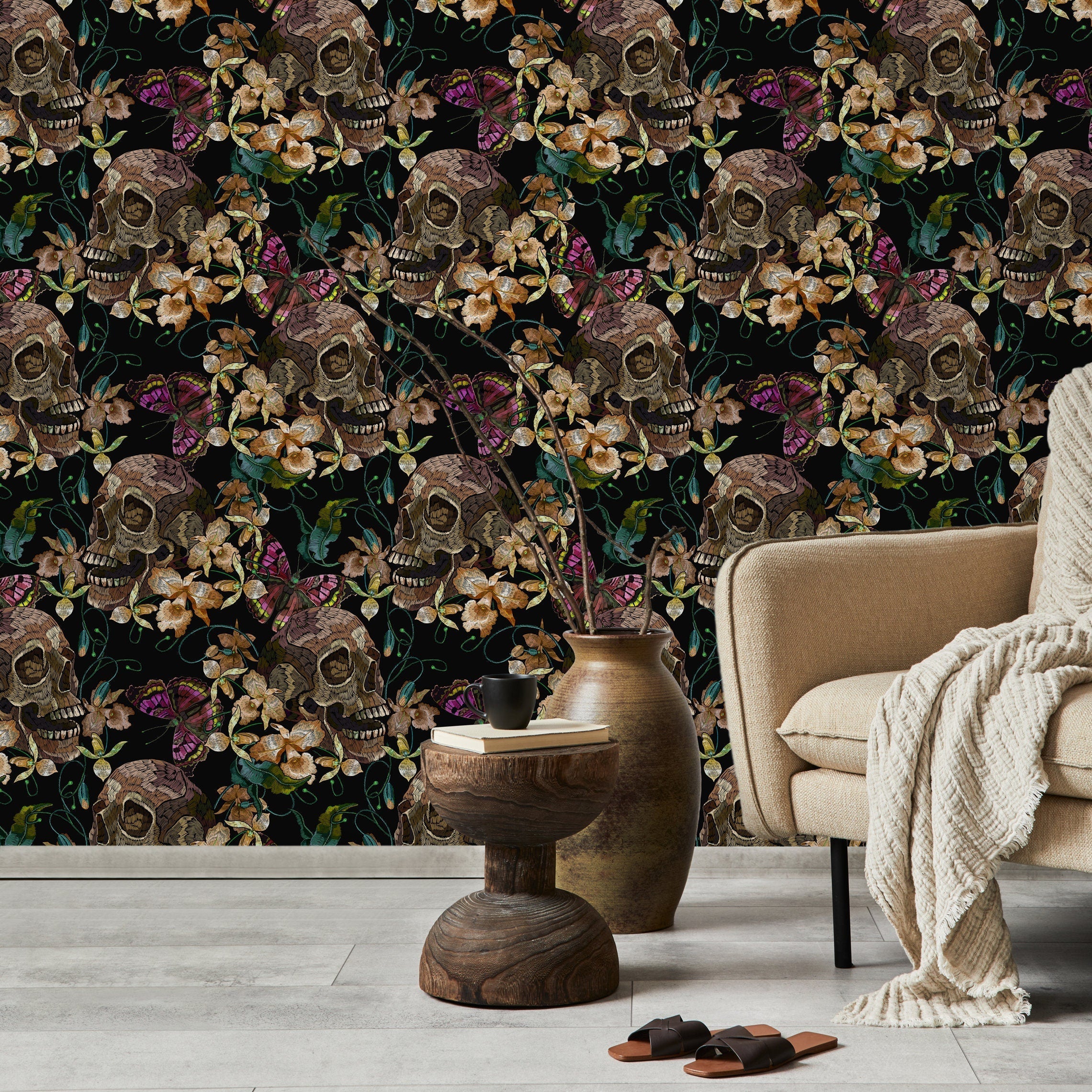 Maximalist Wallpaper With Embroidered Skulls And Butterflies In Black, Brown, And Pink - D897