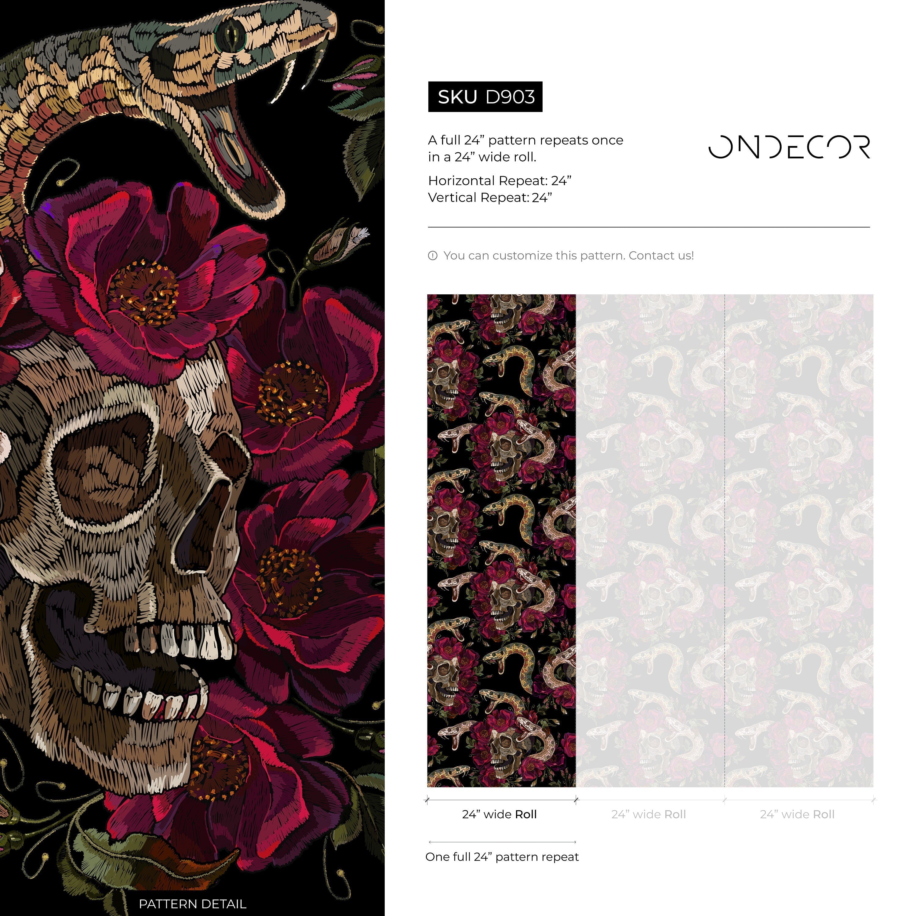 Maximalist Wallpaper With Embroidered Skulls And Snakes In Red, Brown, And Black - D903