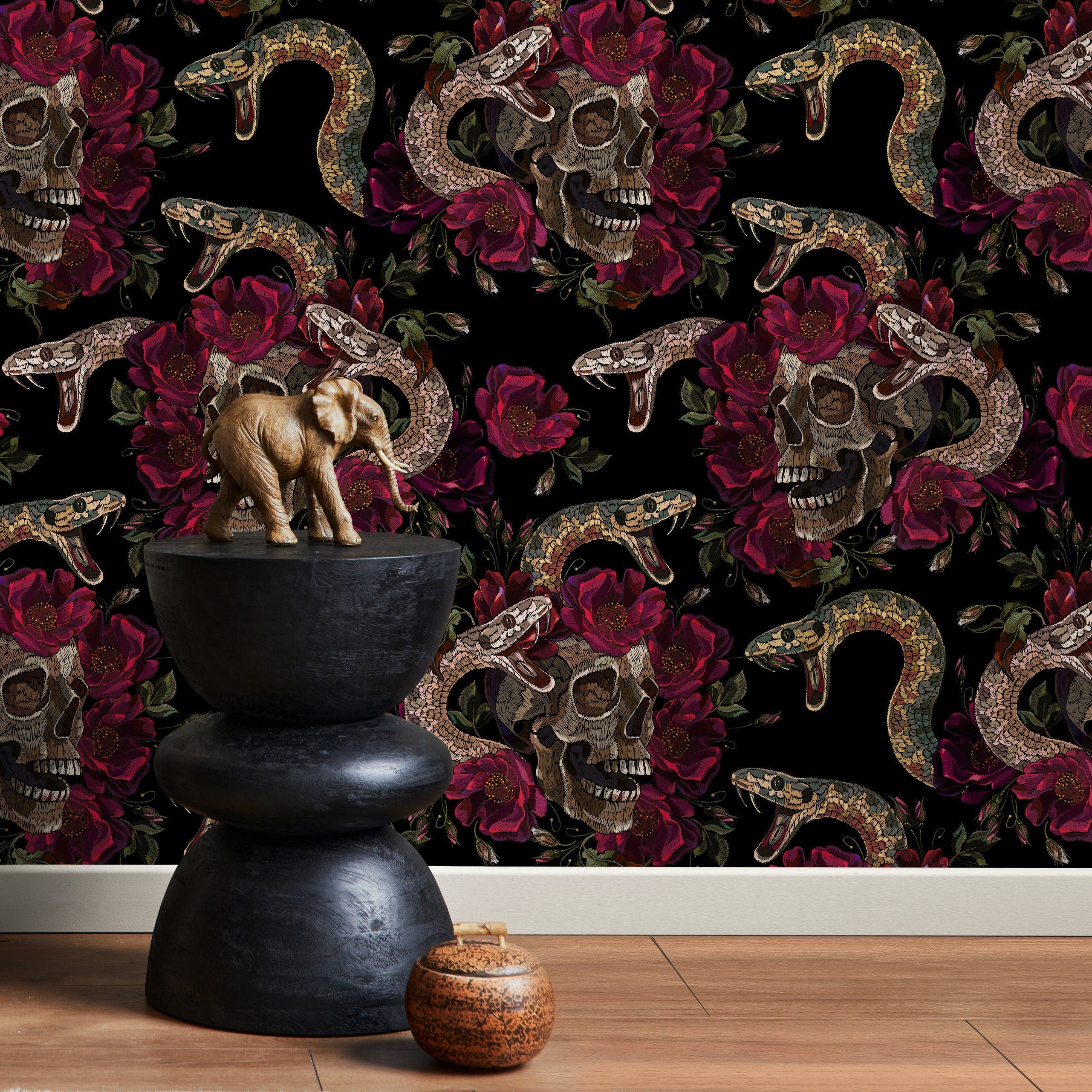 Maximalist Wallpaper With Embroidered Skulls And Snakes In Red, Brown, And Black - D903