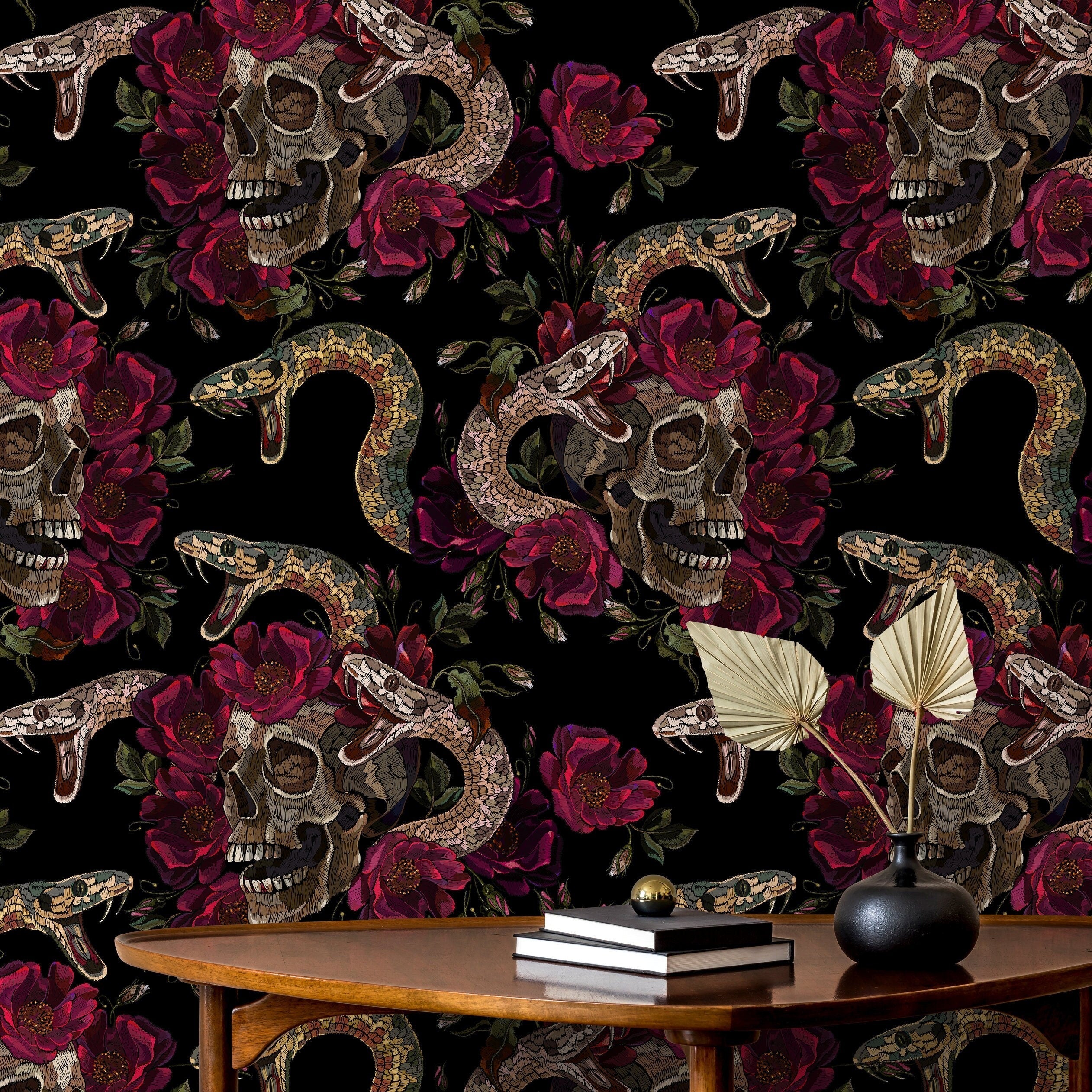 Maximalist Wallpaper With Embroidered Skulls And Snakes In Red, Brown, And Black - D903