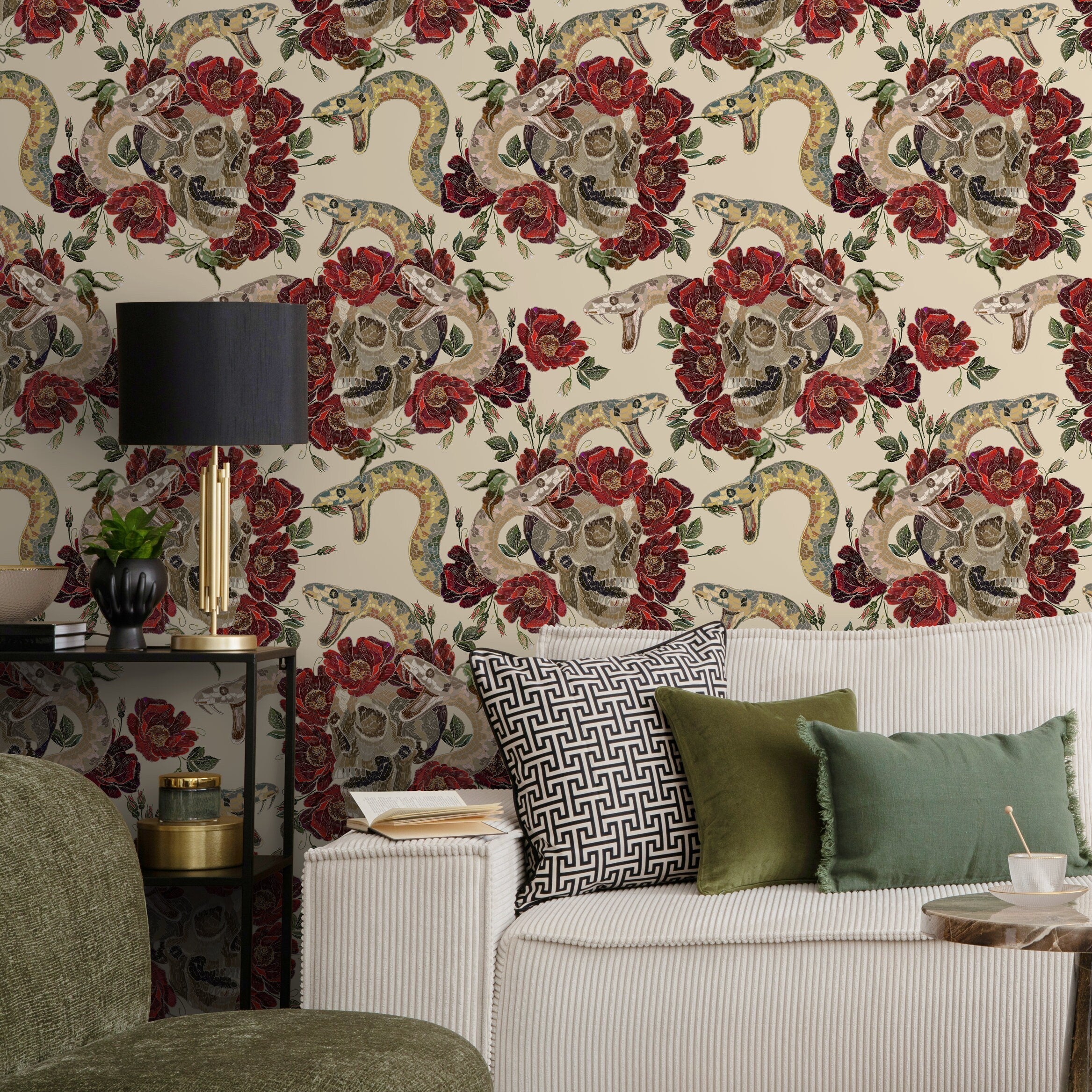Gothic Wallpaper With An Embroidered Skull And Snake Motif In Red, Brown, And Beige - D900