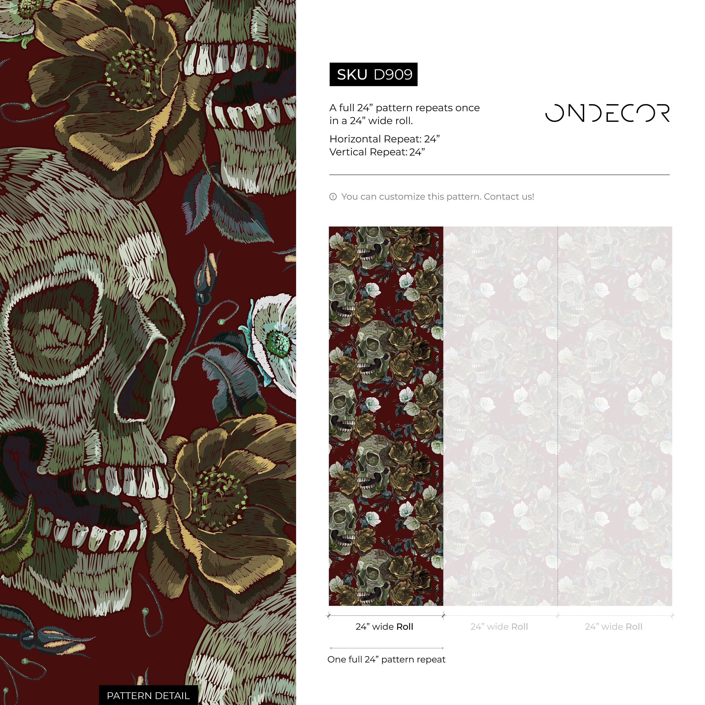 Gothic Wallpaper With Embroidered Skulls And Roses In Red, Green, And Gray - D909