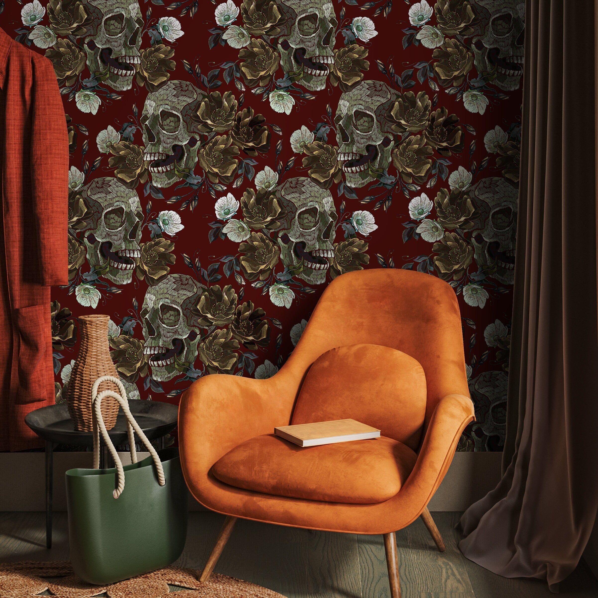 Gothic Wallpaper With Embroidered Skulls And Roses In Red, Green, And Gray - D909