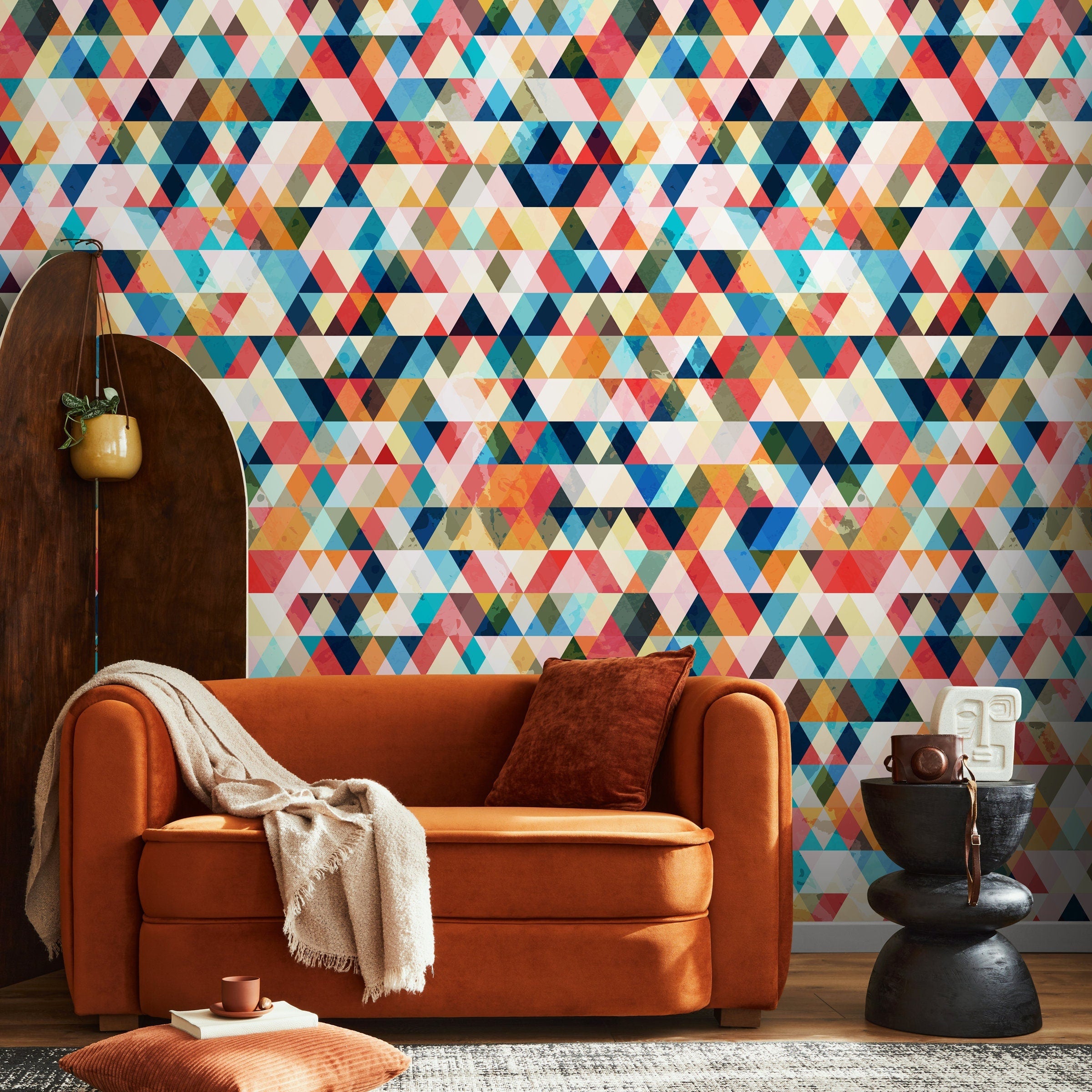 Geometric Wallpaper With A Watercolor Triangle Mosaic In Blue, Red, And Orange - A153