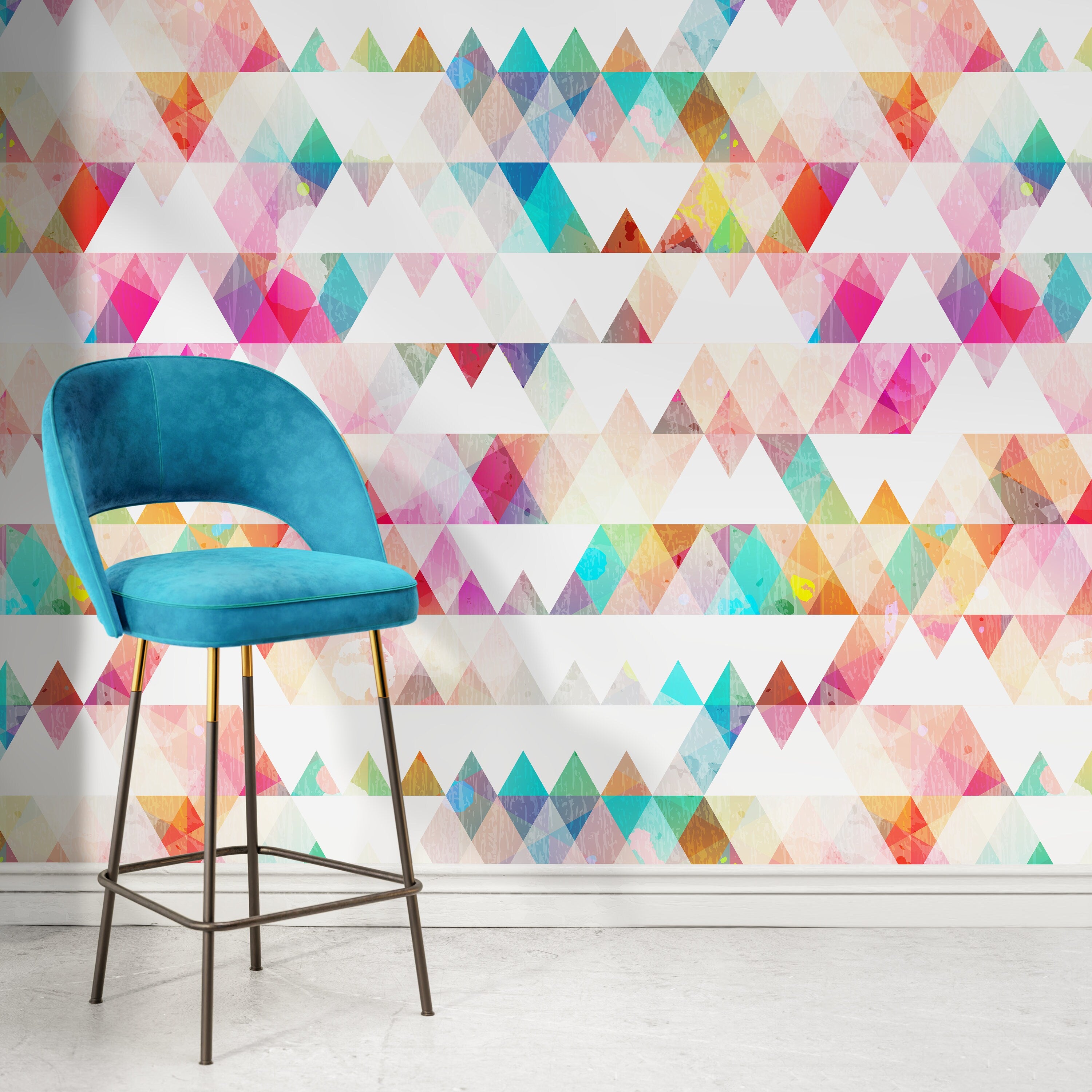 Geometric Wallpaper With Watercolor Triangles In Pink, Teal, And Yellow - A154