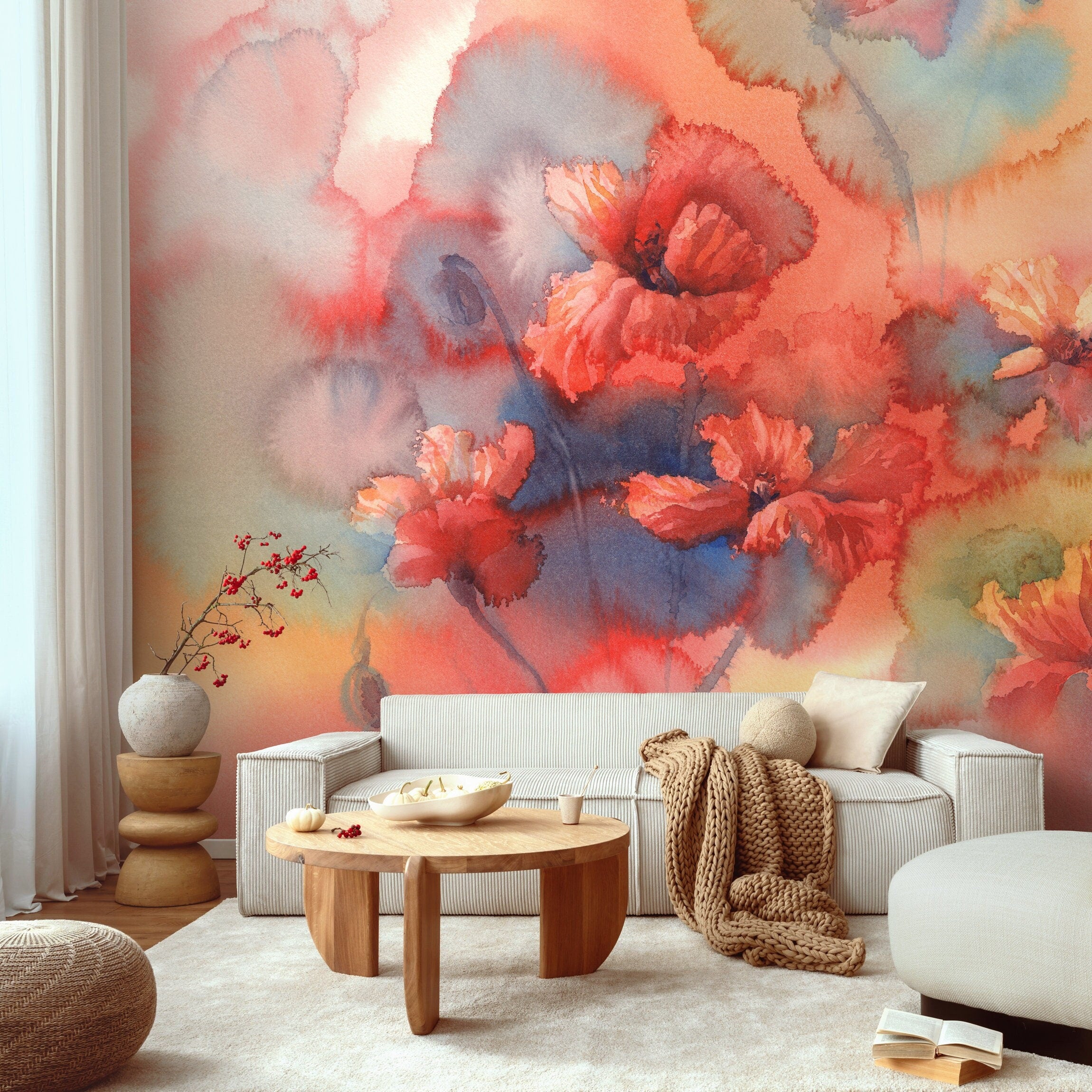 Watercolor Wallpaper With A Vibrant Poppy Motif In Red, Orange, And Blue - A162