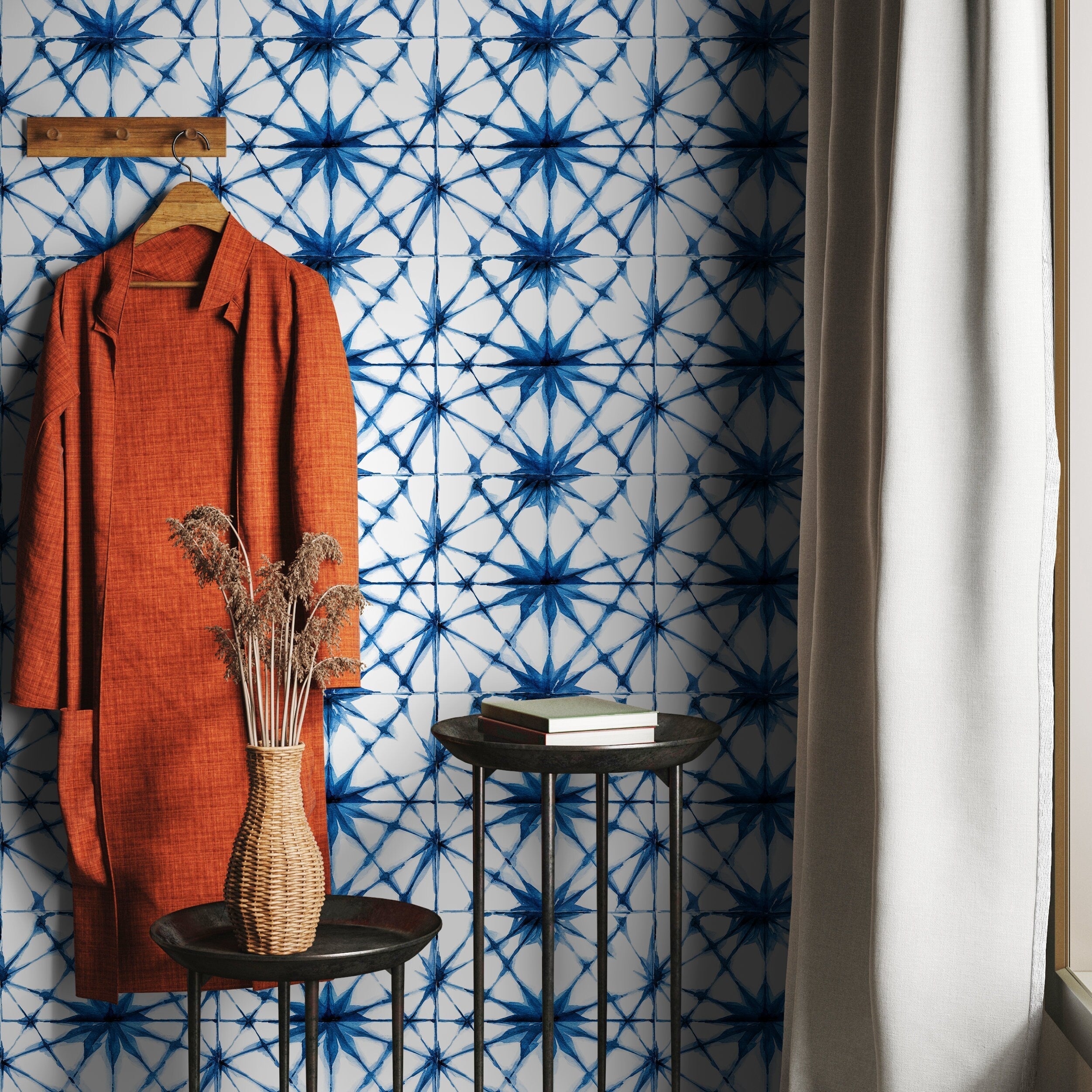 Geometric Wallpaper With A Shibori Starburst Motif In Blue - A175