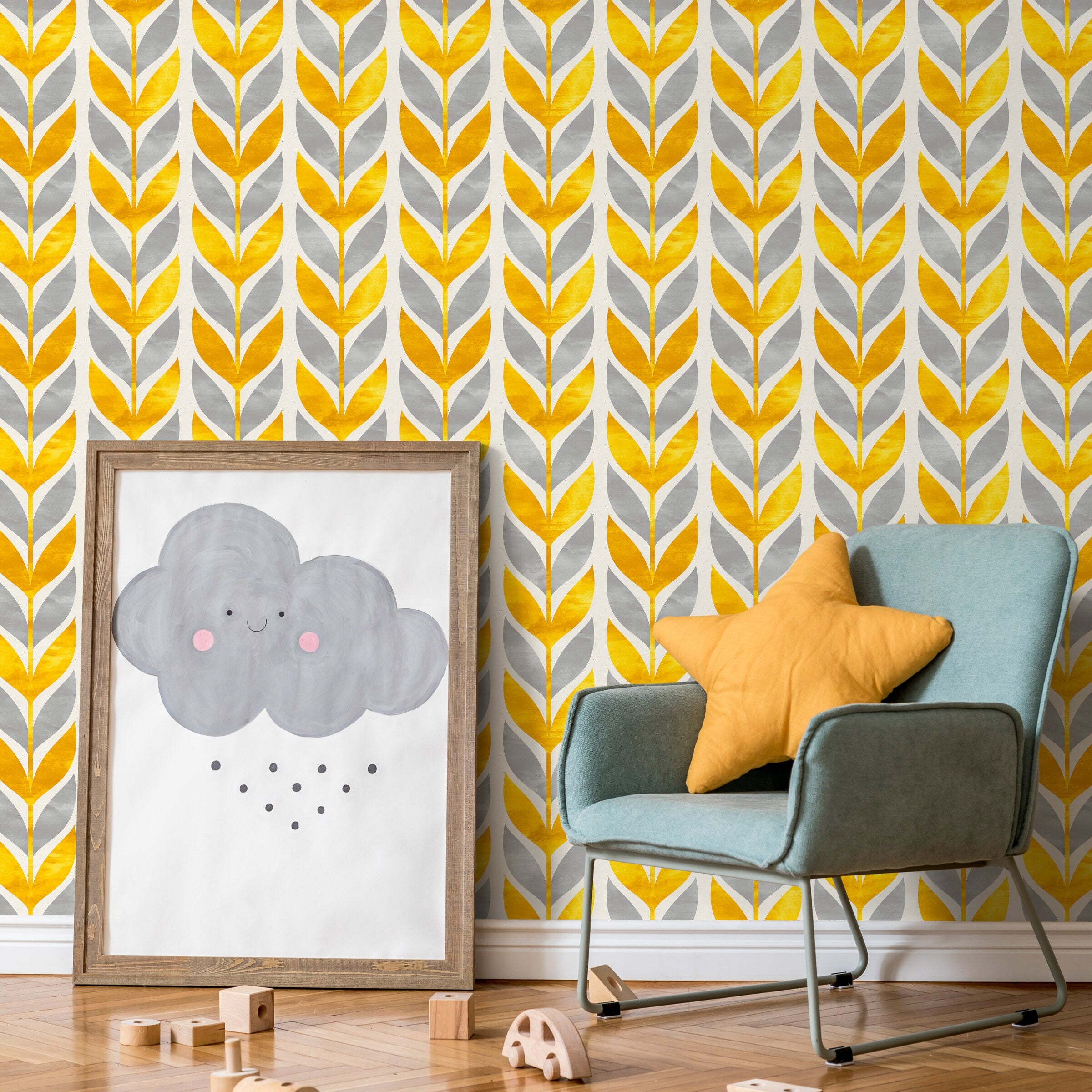 Scandinavian Wallpaper With A Stylized Leaf Motif In Yellow And Grey - A179